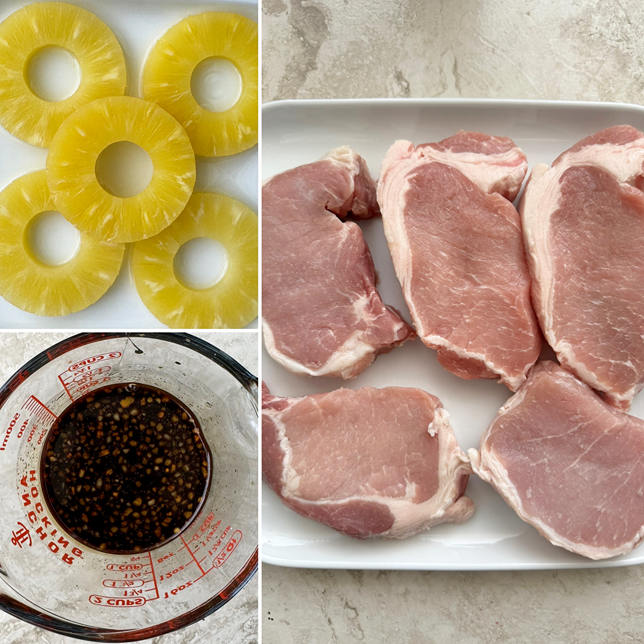 collage of ingredients for Baked Pineapple Teriyaki Pork Chops