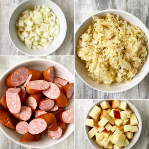 collage of ingredients for Slow Cooker Sausage & Sauerkraut