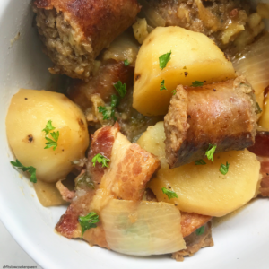 Sausage, bacon, potatoes, and onion. This slow cooker spin on Irish Dublin coddle is definitely hearty yet also whole30 and paleo compliant. You can serve this St. Patrick's Day recipe for breakfast, lunch or dinner.