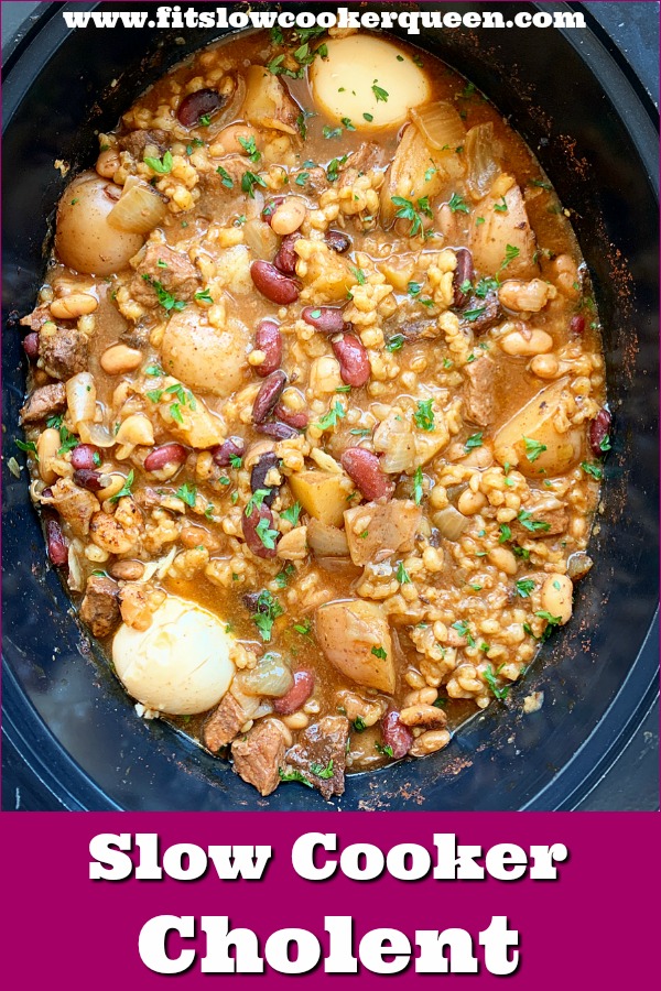 pinterest pin for Slow Cooker Cholent
