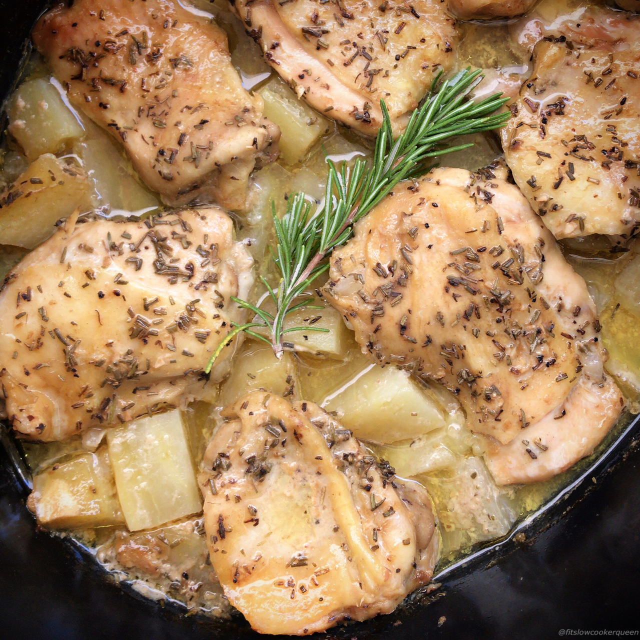 A homemade rosemary dijon sauce cooks on top of chicken and your preferred potato in this easy and healthy slow cooker recipe.