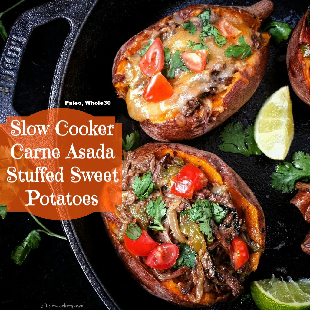 Carne Asada isn't just for tacos. If you're looking for a different, healthy option, try stuffing them into sweet potatoes. All cooked in the slow cooker of course.