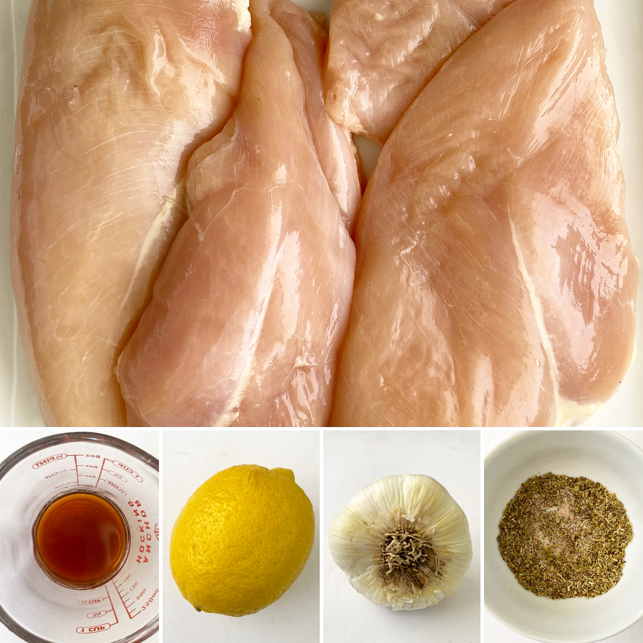 collage of ingredients for Greek shredded chicken