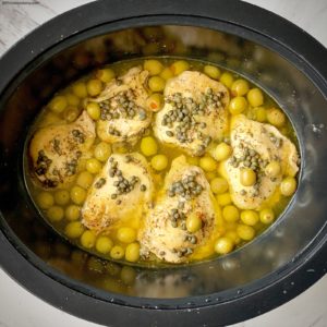 after pic of cooked food in the slow cooker for Slow Cooker Instant Pot Chicken, Olives & Capers (Low-Carb, Paleo, Whole30)