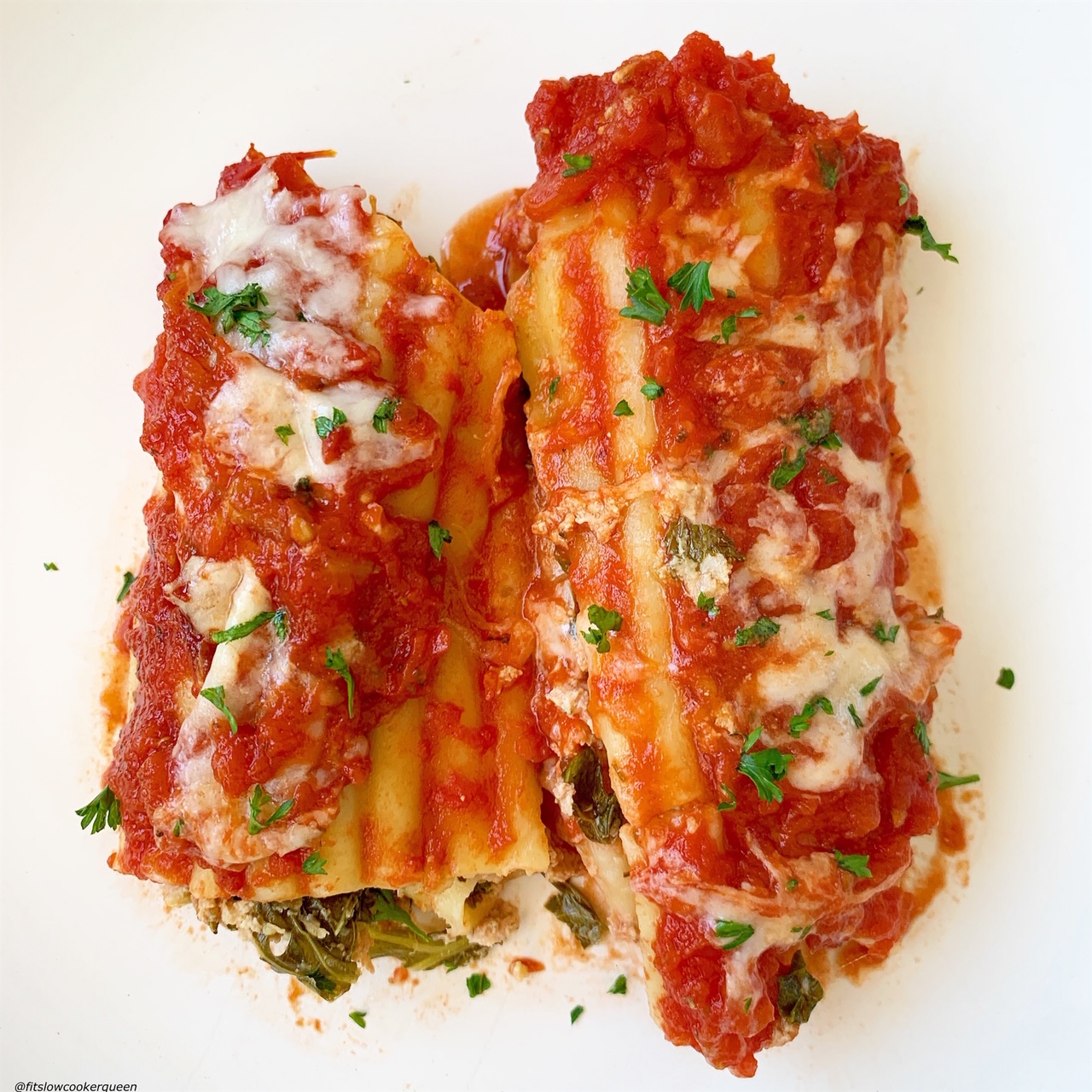 plated pic of slow cooker or instant pot stuffed manicotti