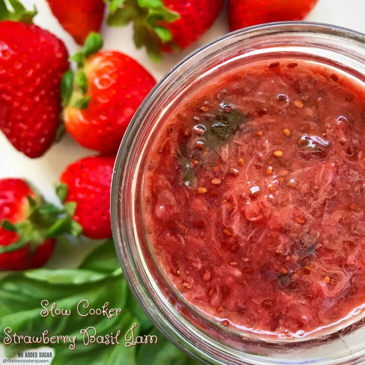 This strawberry jam recipe couldn't be any easier. Grab your strawberries, basil, chia seeds, lemon juice and dates for this healthy easy and slow cooker jam recipe. The best part - there's no added sugar!
