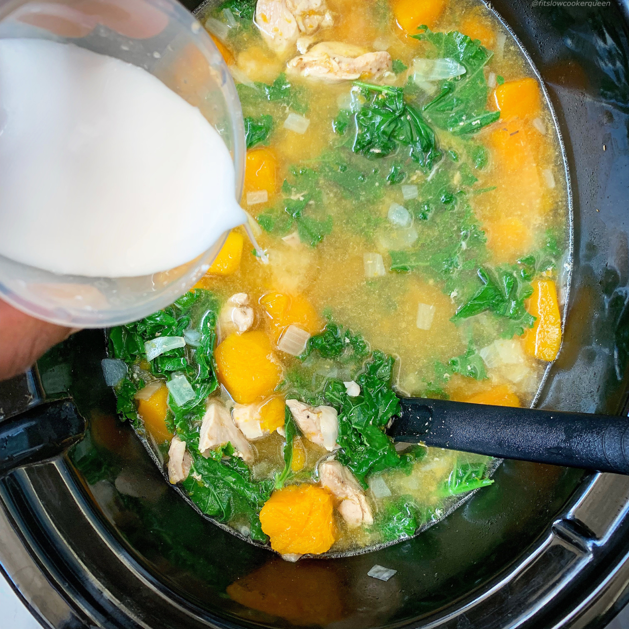 Chicken, butternut squash, and kale cook together in this easy paleo and whole30 compliant recipe. This soup can be made in your slow cooker or Instant Pot.
