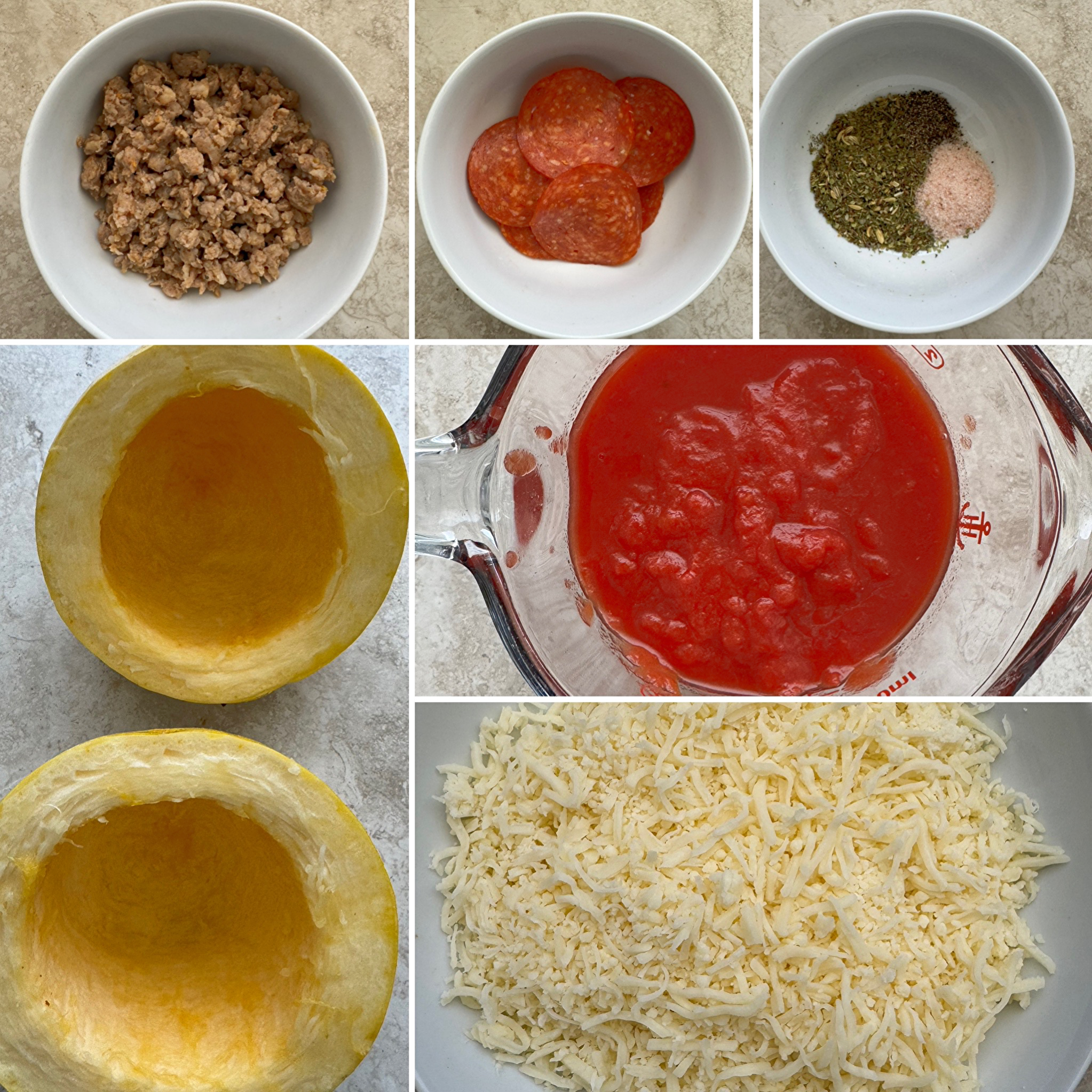 collage of ingredients for slow cooker spaghetti squash pizza casserole