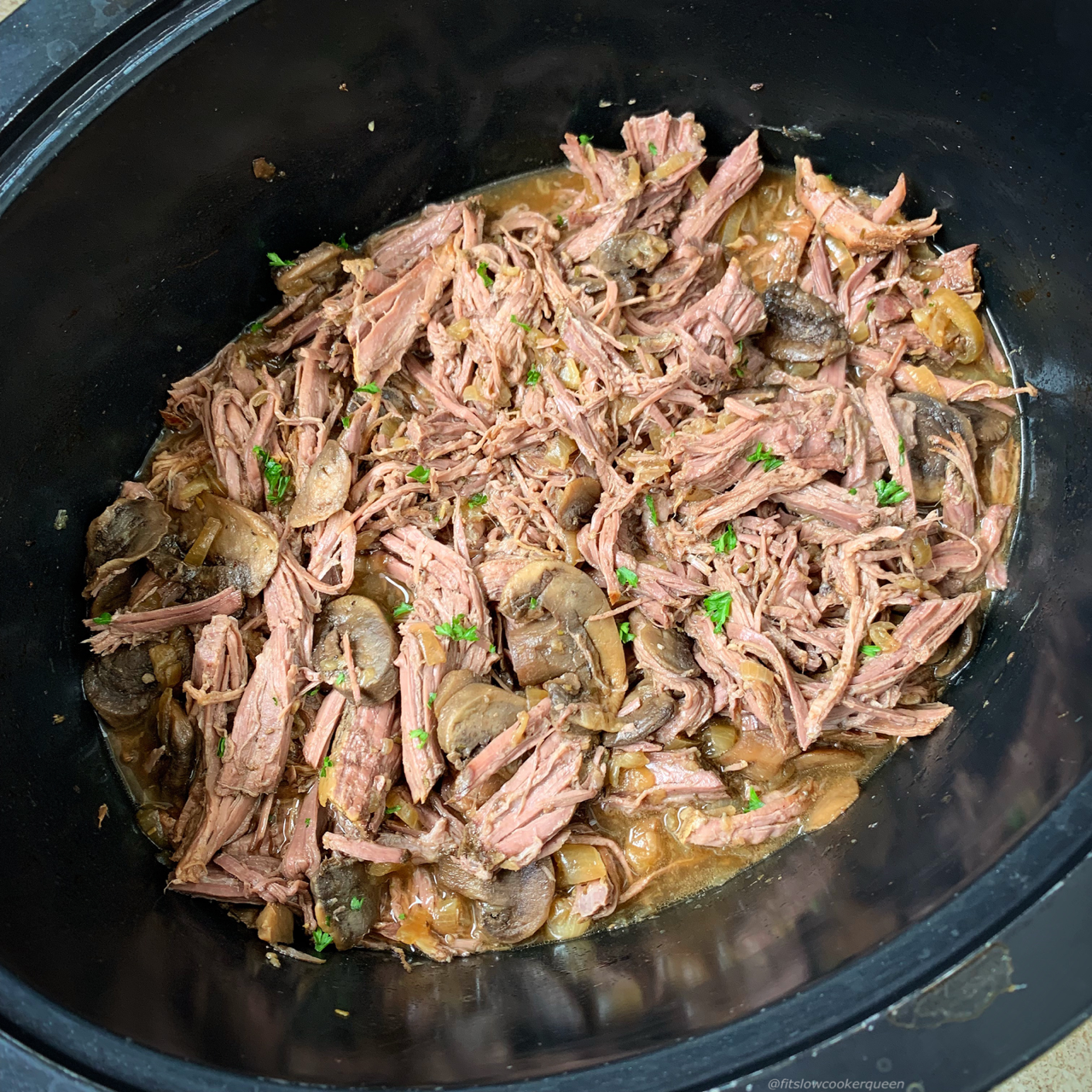 Beef slow cooks with mushrooms for a healthy meal the entire family will enjoy. Make this paleo, whole30, low-carb roast in your slow cooker or Instant Pot!