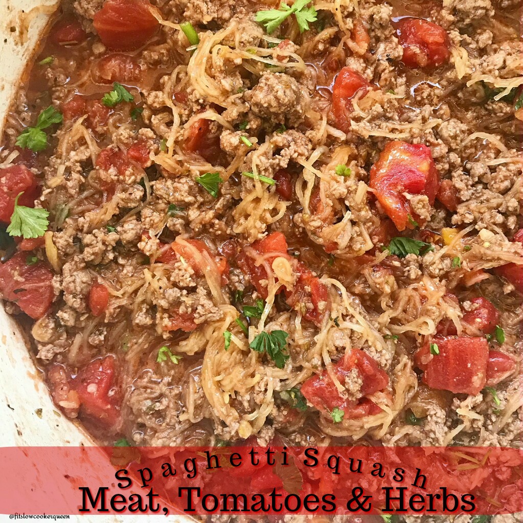 This healthy and simple low-carb, paleo, and whole 30 compliant one-pot meal consists of spaghetti squash, ground meat, diced tomatoes and fresh herbs.