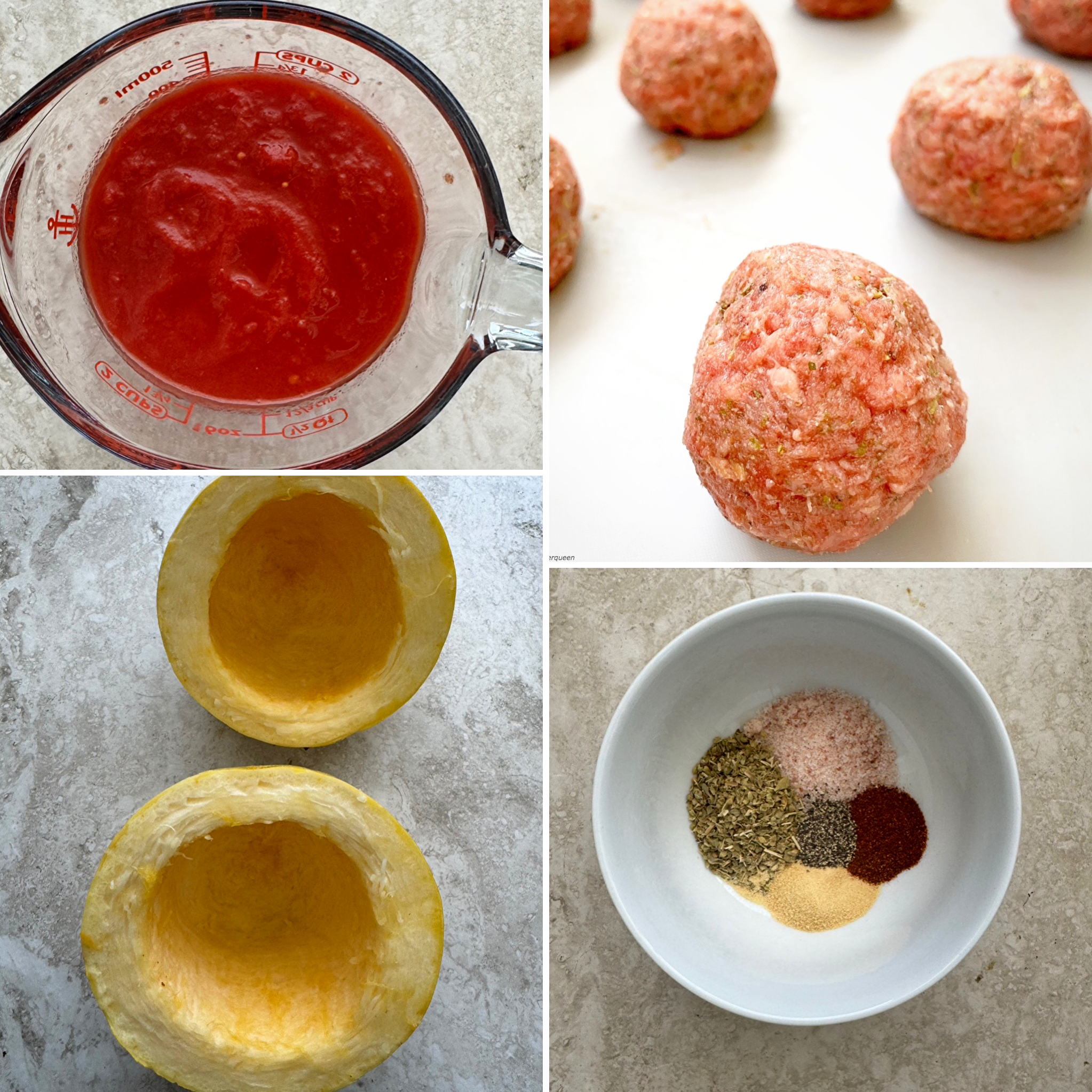 collage of ingredients for crockpot spaghetti squash meatballs 