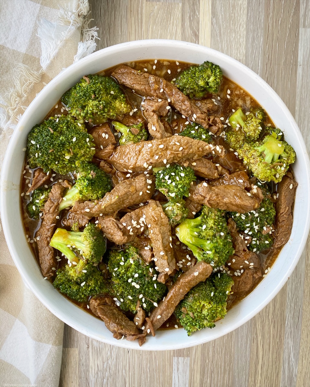 cooked beef & broccoli in a bowl