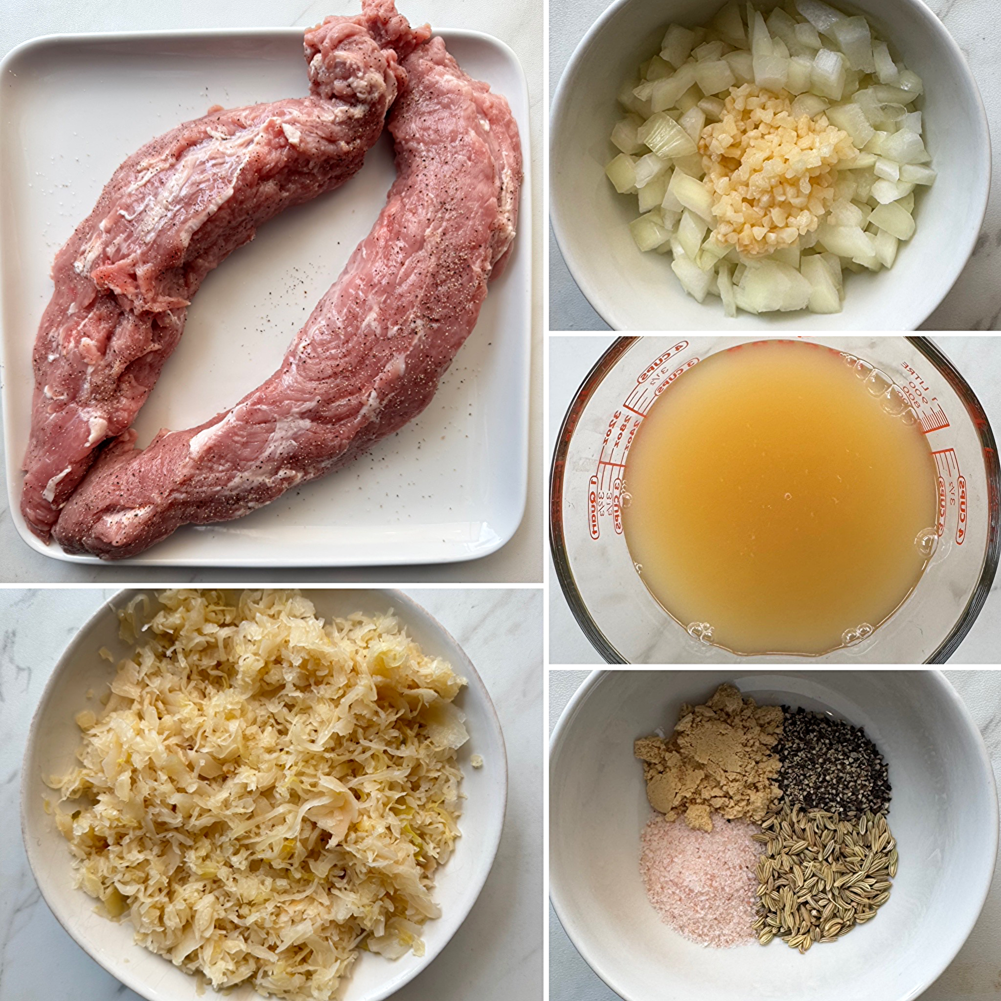 collage of ingredients for Slow Cooker Pork and Sauerkraut 