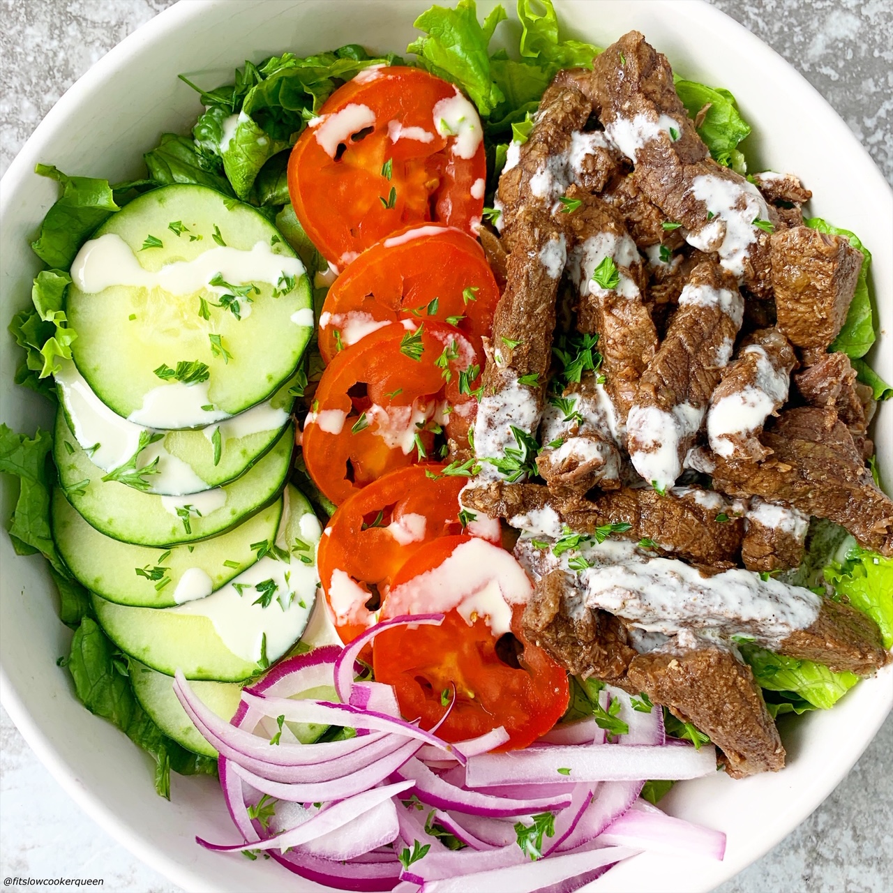 Pinterest pin for Slow Cooker Instant Pot Beef Shawarma Bowl close up pic