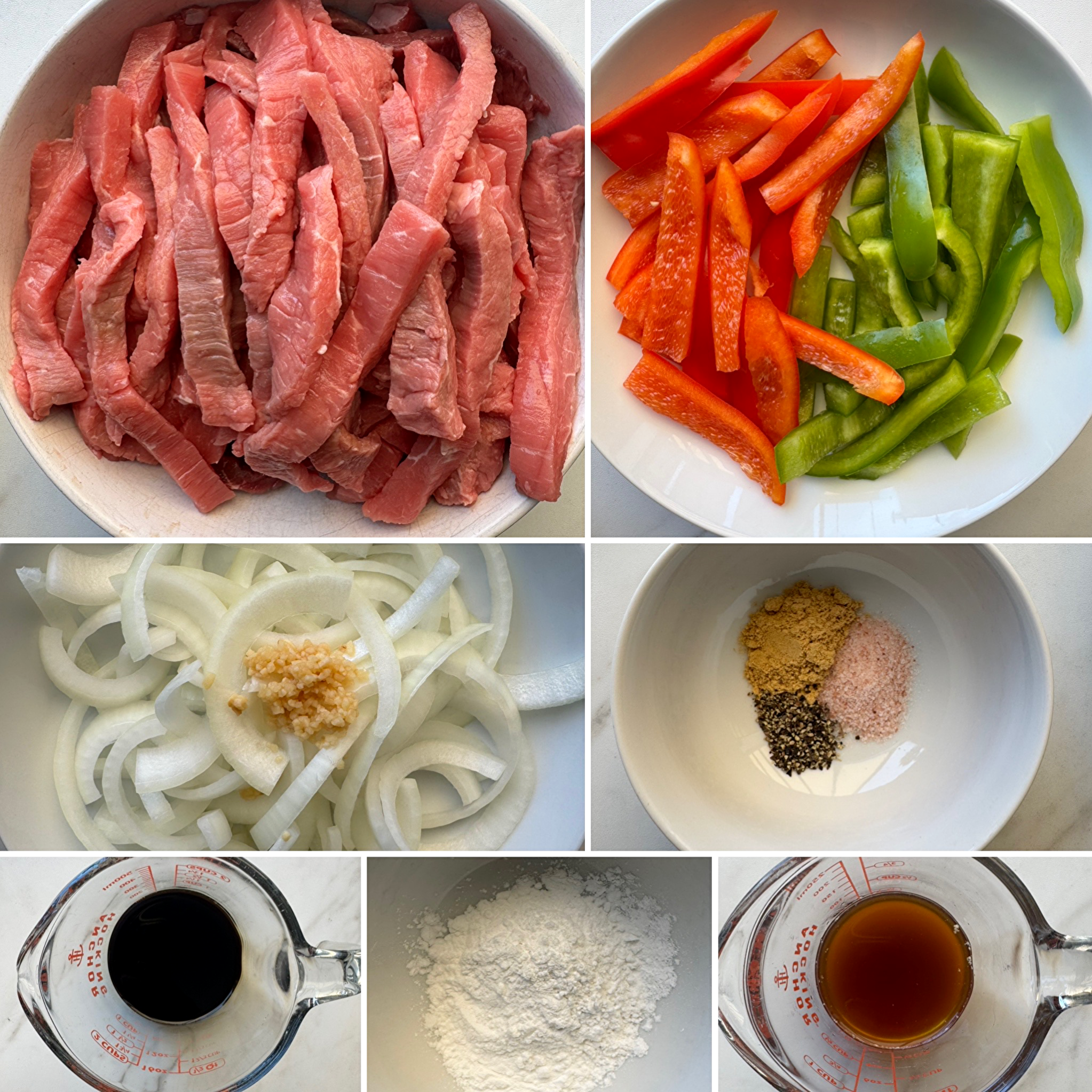 collage of ingredients for slow cooker pepper steak 
