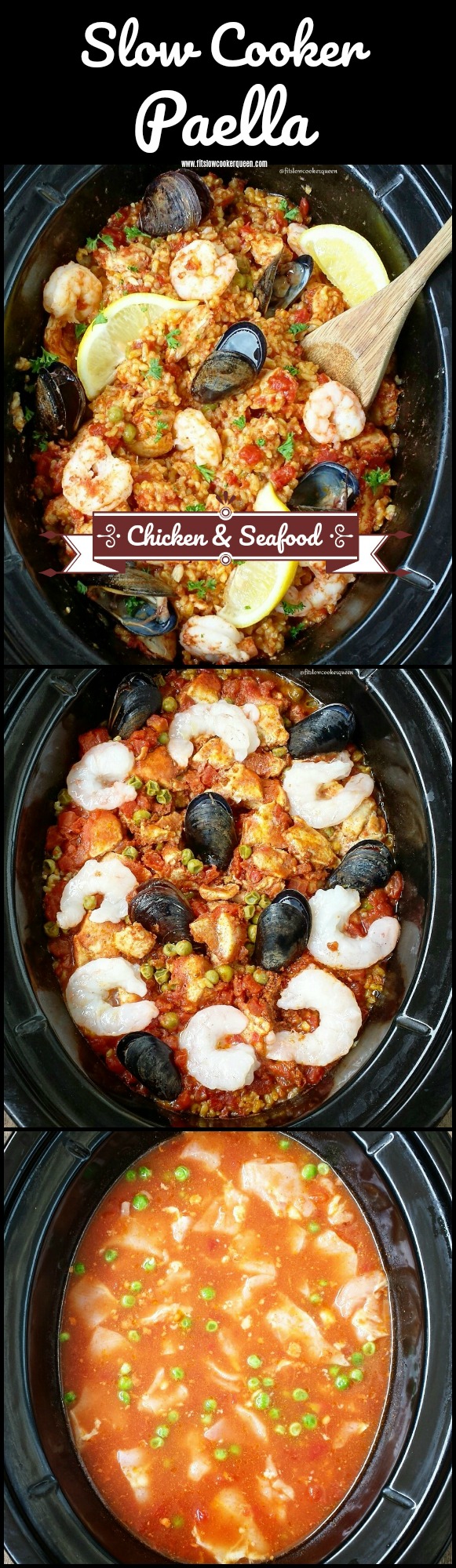 Paella in the slow cooker? Yes! Chicken and seafood are used in this easy and healthy version of paella that cooks in just a couple hours time.