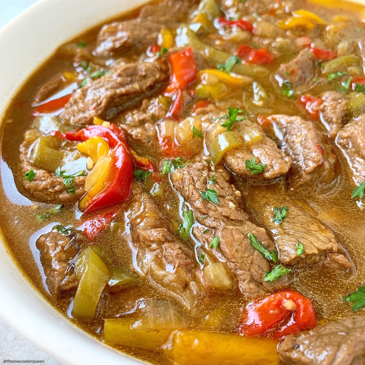 cooked pepper steak in a bowl