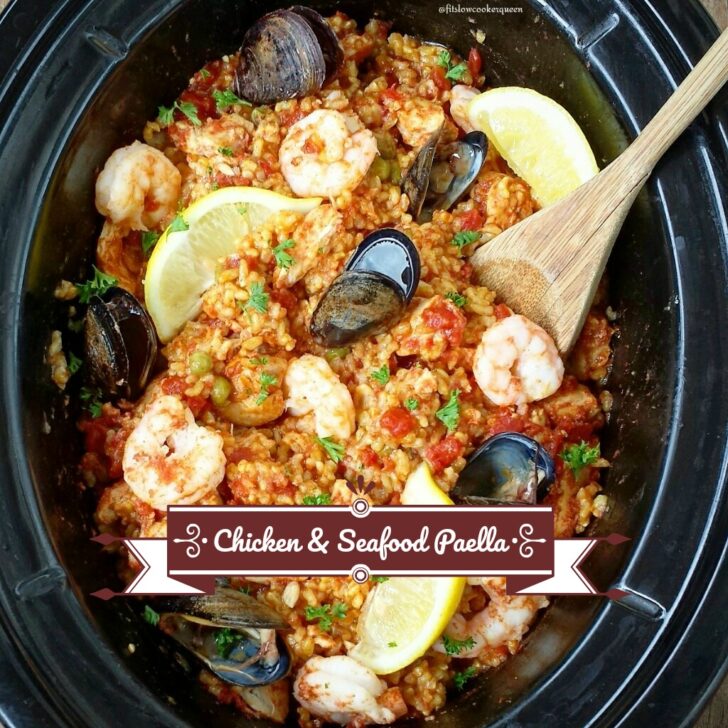 Paella in the slow cooker? Yes! Chicken and seafood are used in this easy and healthy version of paella that cooks in just a couple hours time.