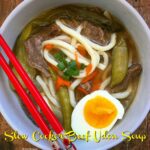 don soup is a classic Japanese noodle soup. This slow cooker version uses a homemade broth, tender slices of beef, and thick udon noodles.