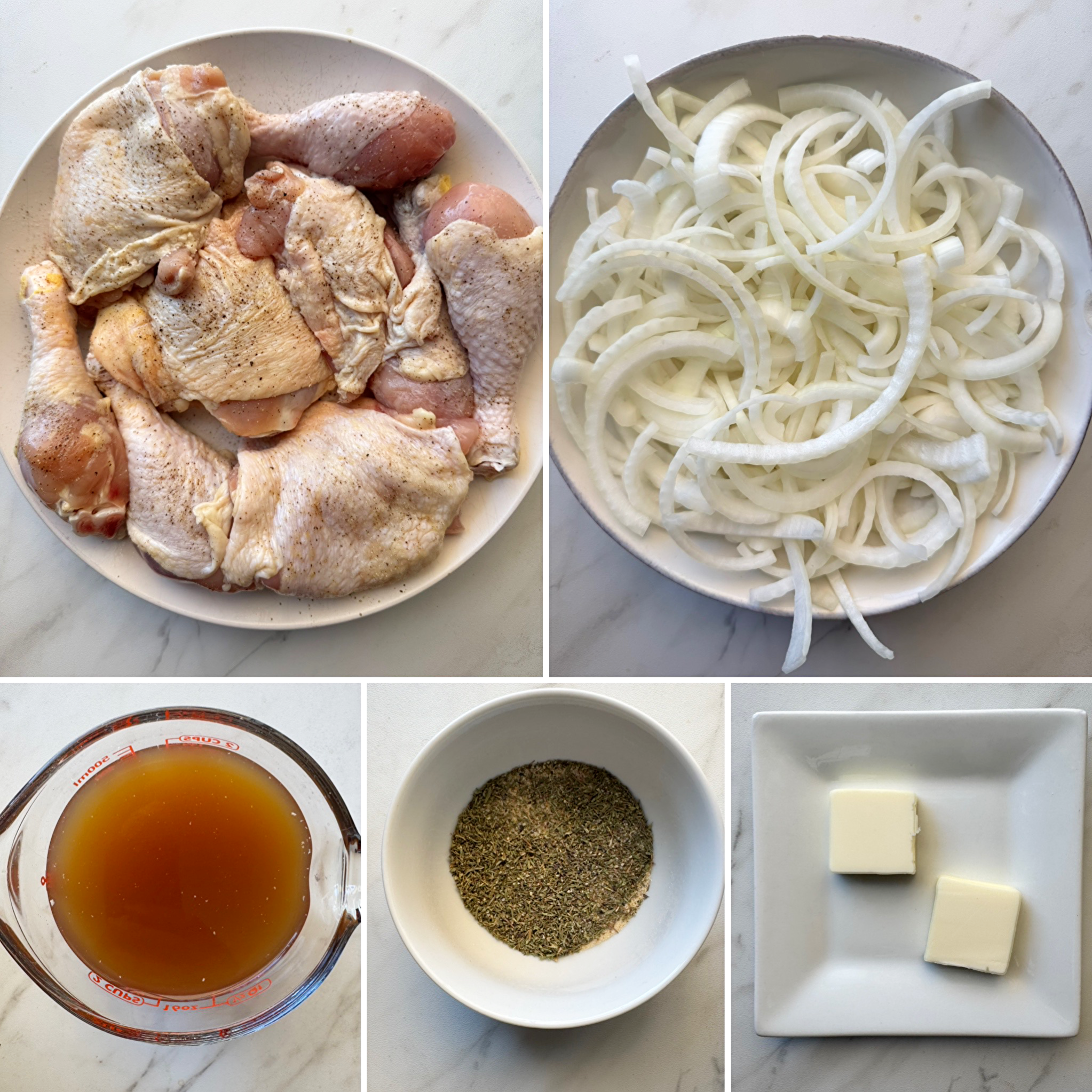 collage of ingredients for Crockpot Chicken and Onions
