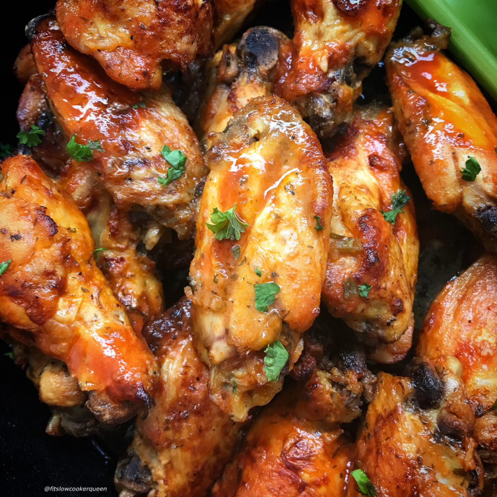 close up shot of cooked Buffalo chicken wings garnished with fresh parsley