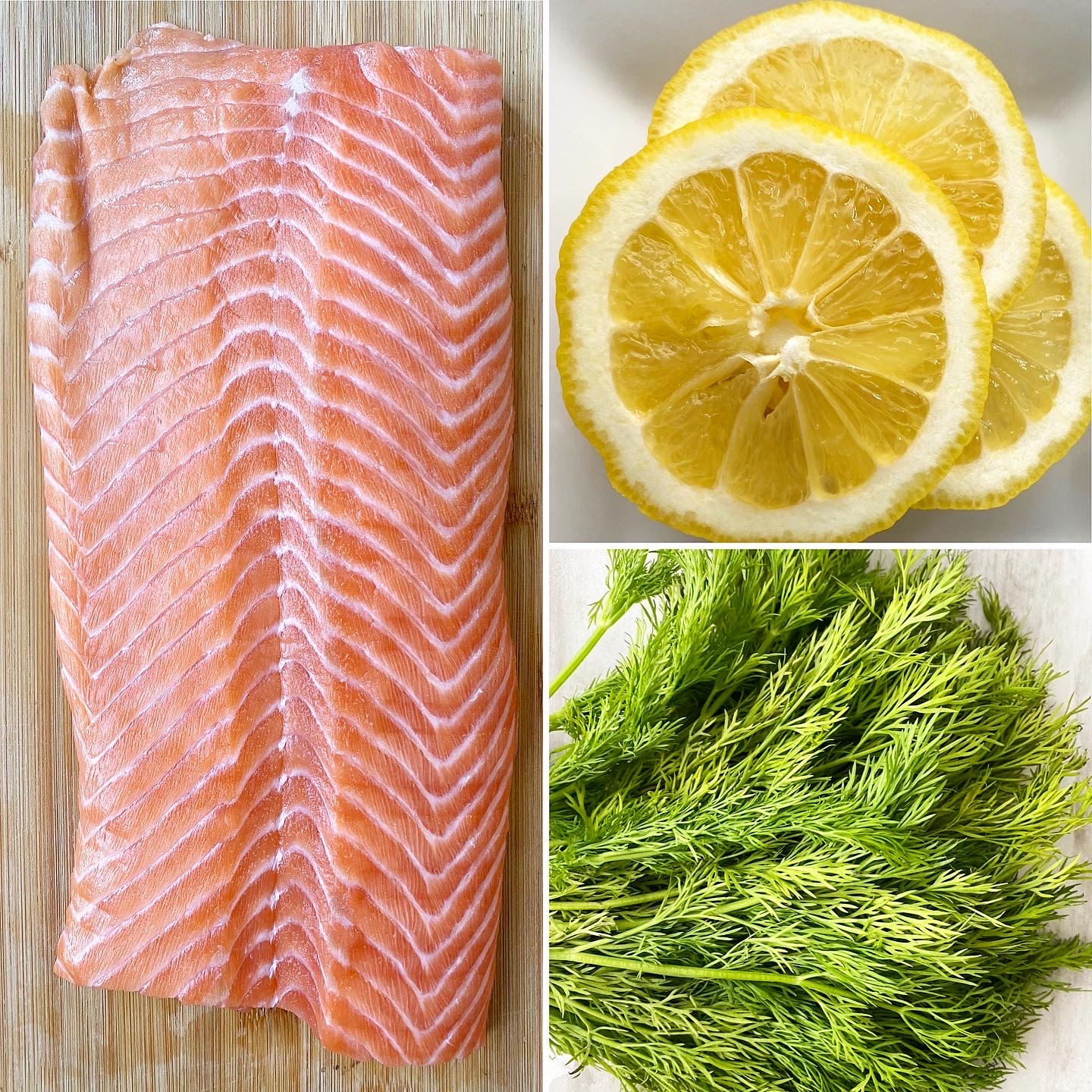 collage of raw salmon, fresh dill, lemon slices
