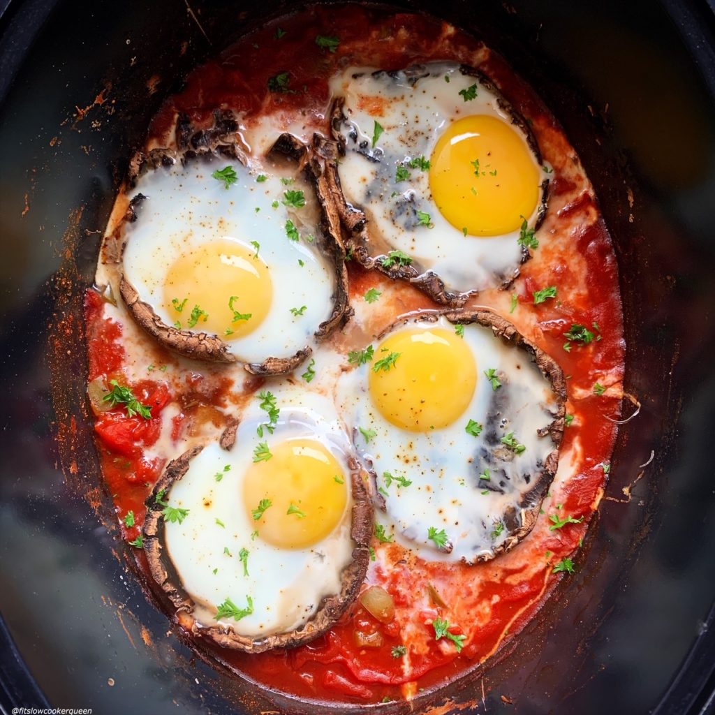 close up of cooked eggs added on top of cooked portobello mushrooms in the slow cooke