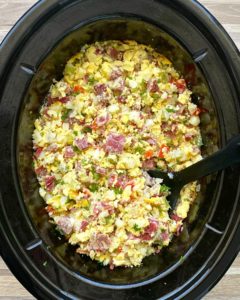 cooked corned beef hash in the slow cooker, scrambled