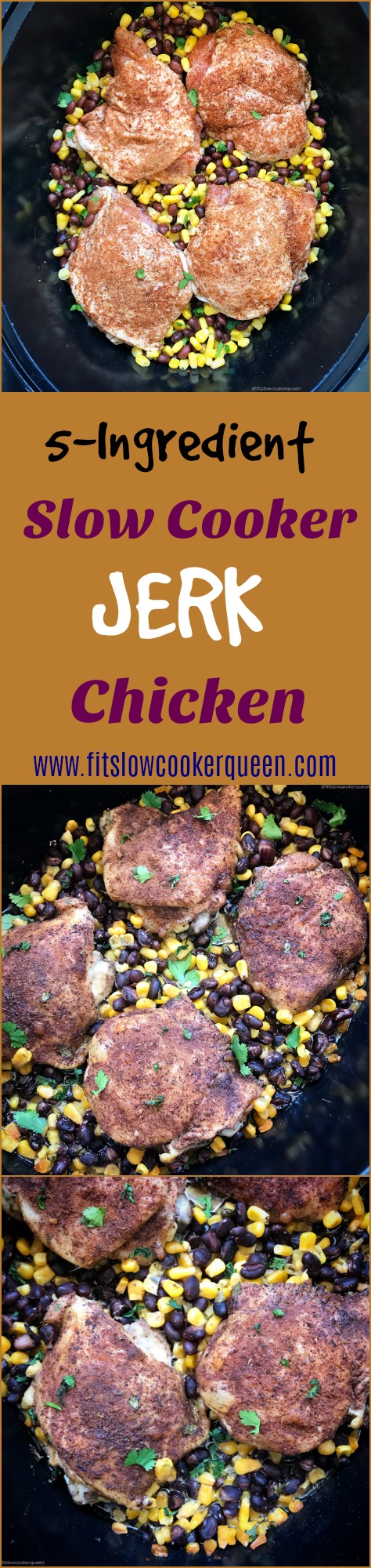 Jerk chicken, quick and in the slow cooker! Grab your favorite jerk seasoning (or use the one provided here) for this easy slow cooker recipe. With only 5 ingredients, you can pretty much use any cut of chicken and serve the finished product so many different ways.