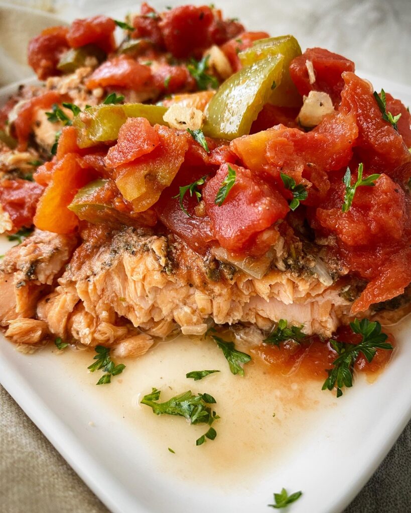 close up Mediterranean Salmon on a white plate