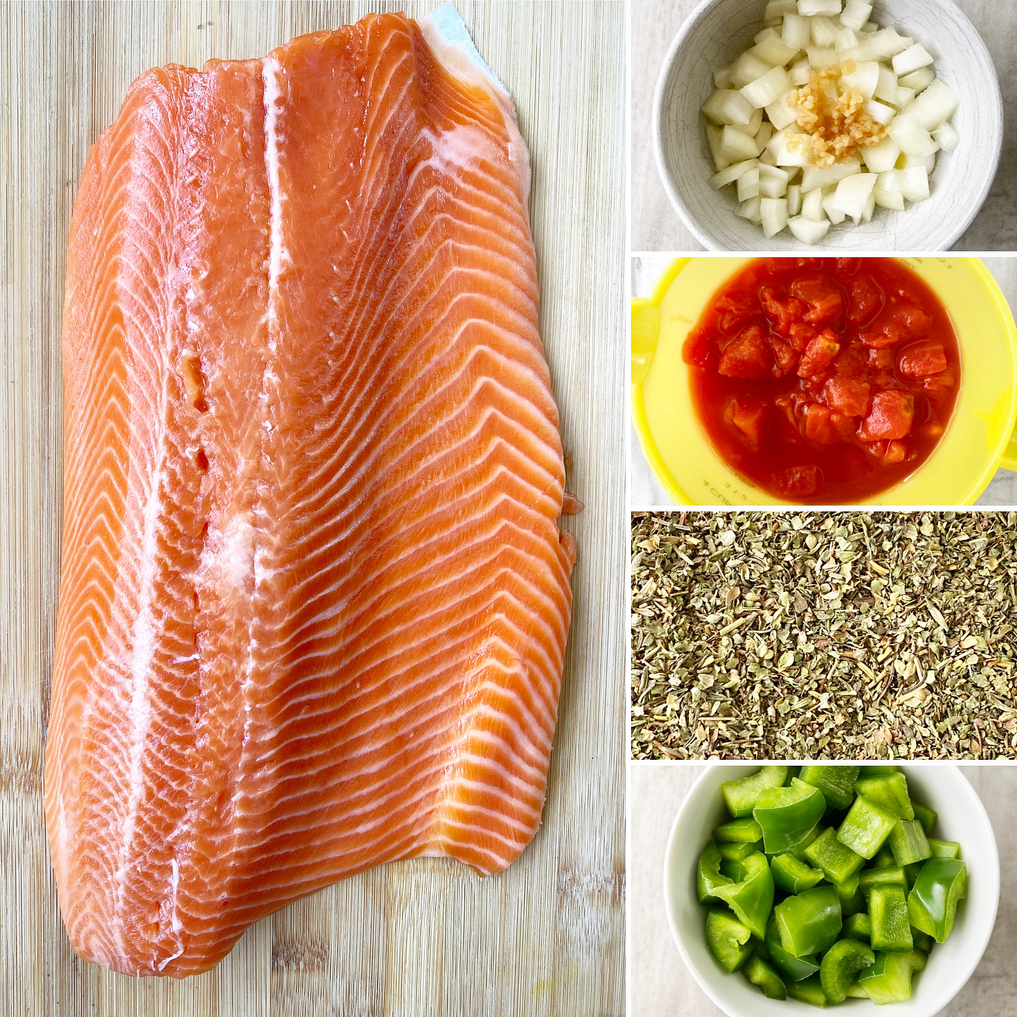 collage of ingredients for Slow Cooker Mediterranean Salmon 