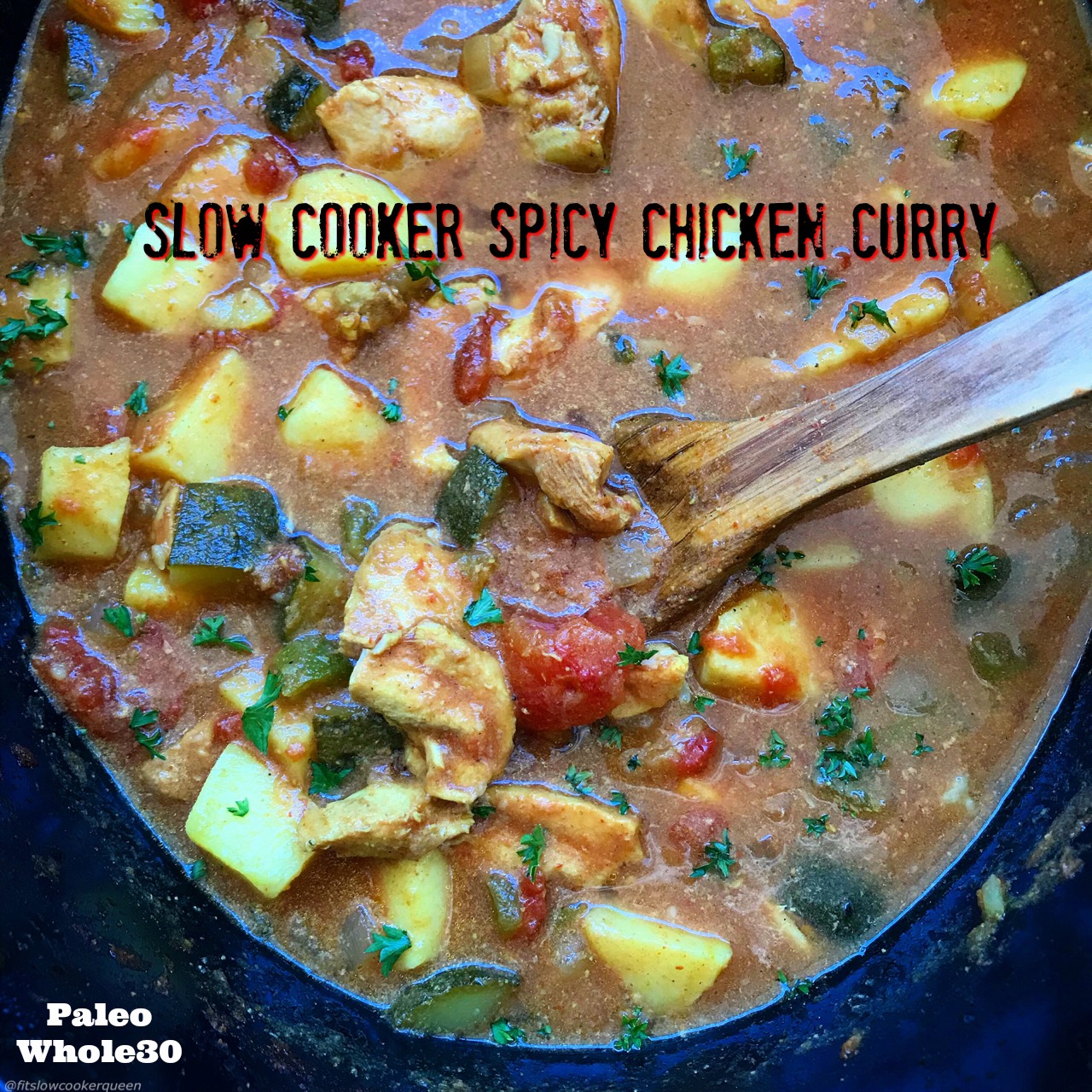 This Indian-flavored spicy chicken curry is not just an aromatic and flavorful dish, it's paleo, whole30 compliant, and super easy to make. Sit back and let your slow cooker create a delicious curry.