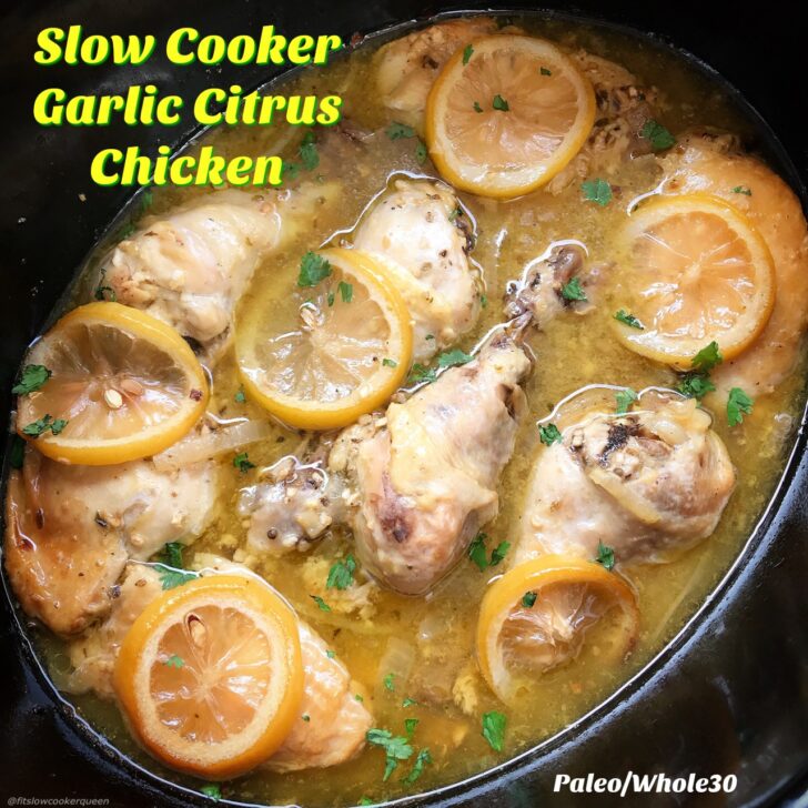 A simple garlic citrus sauce based on Cuban mojo marinade cooks with chicken (or pork) in this healthy (paleo,whole30) slow cooker recipe. Serve this succulent chicken with your favorite side dishes for an easy yet flavorful meal.