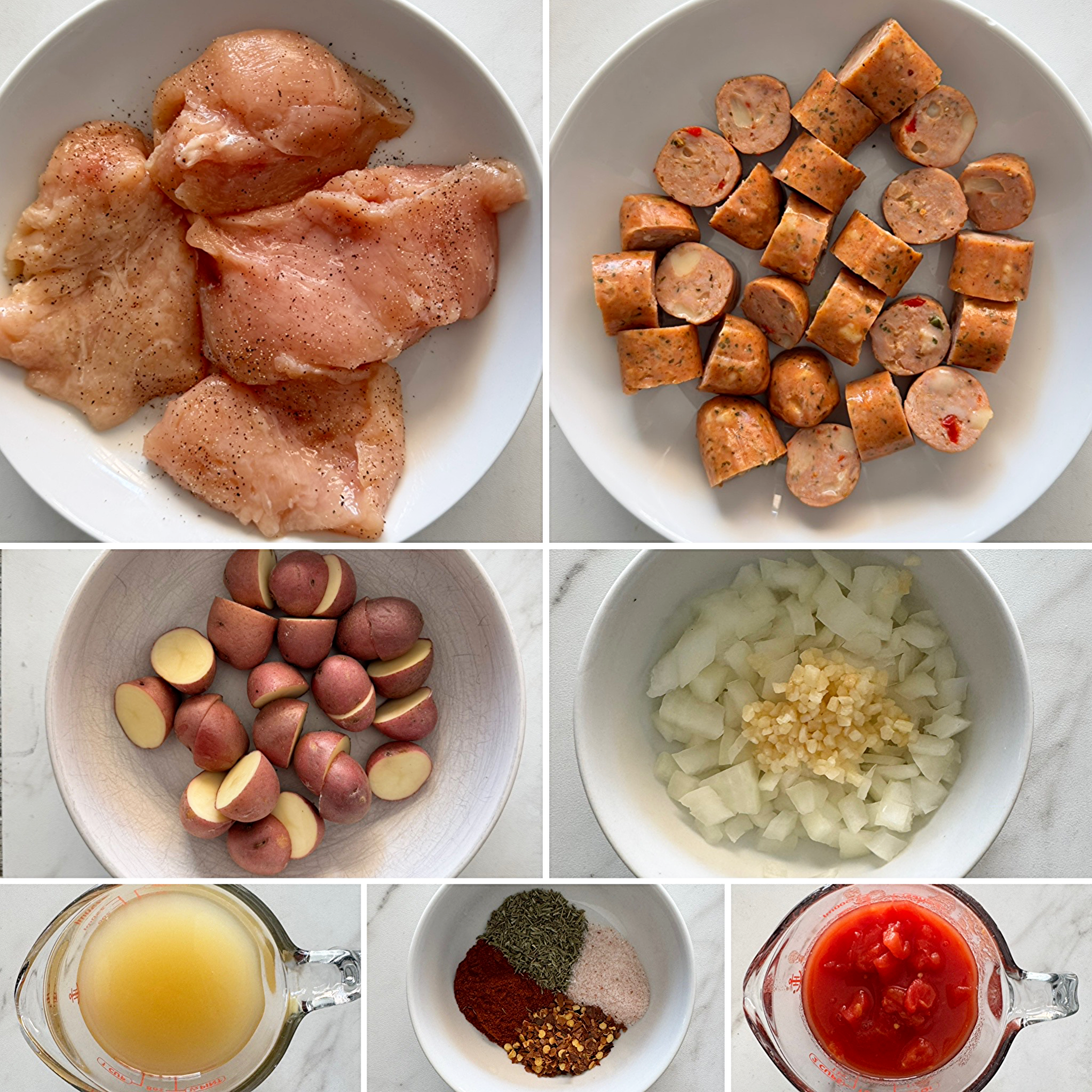 collage of ingredients for Crockpot Spicy Chicken and Sausage