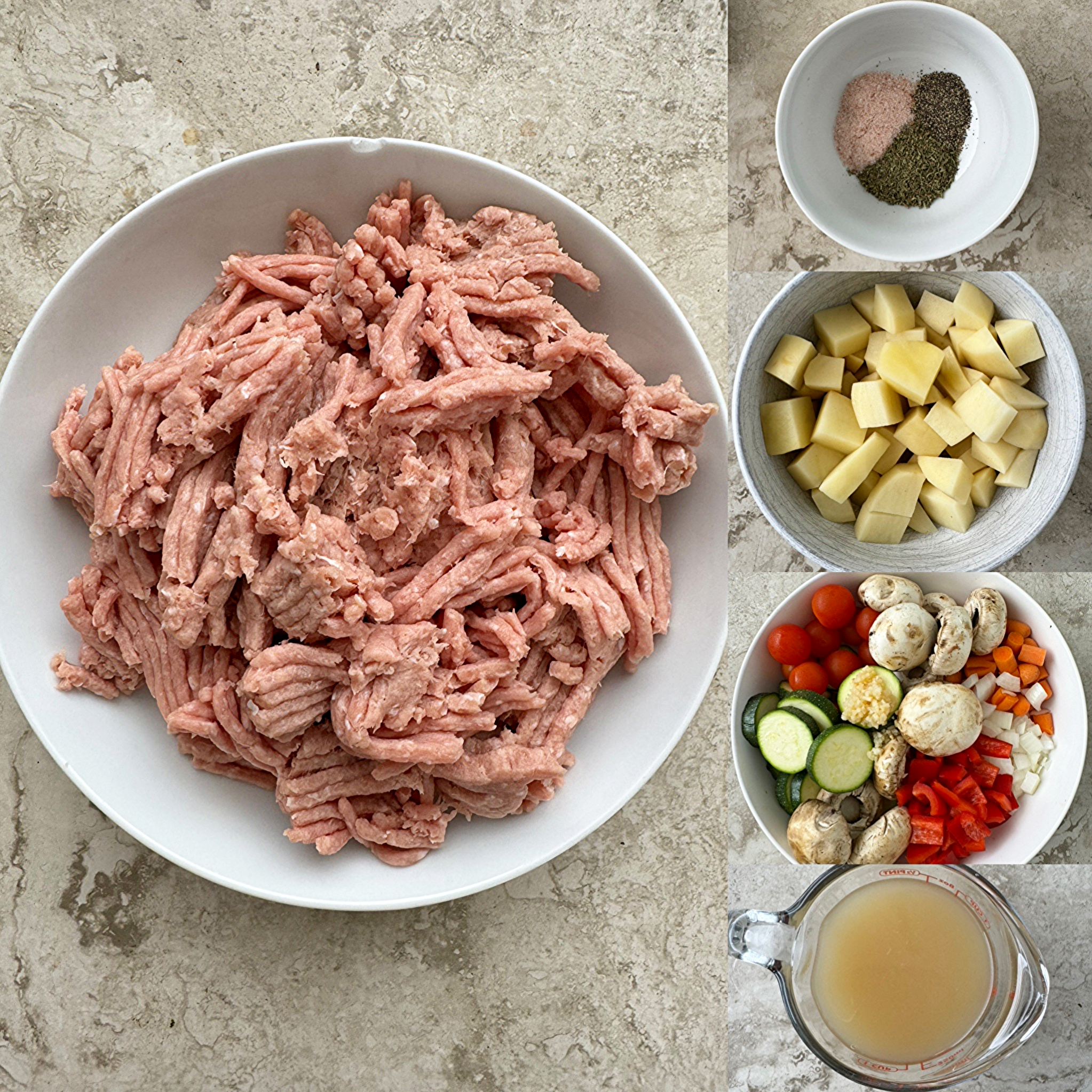collage of ingredients for slow cooker ground turkey bowl 