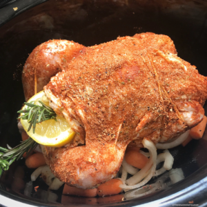 Of course a rotisserie spiced chicken can be slow cooked! A whole chicken rubbed down with a homemade rotisserie seasoning then cooked in the slow cooker produces tender, versatile meat that can be re-used in lots of recipes.