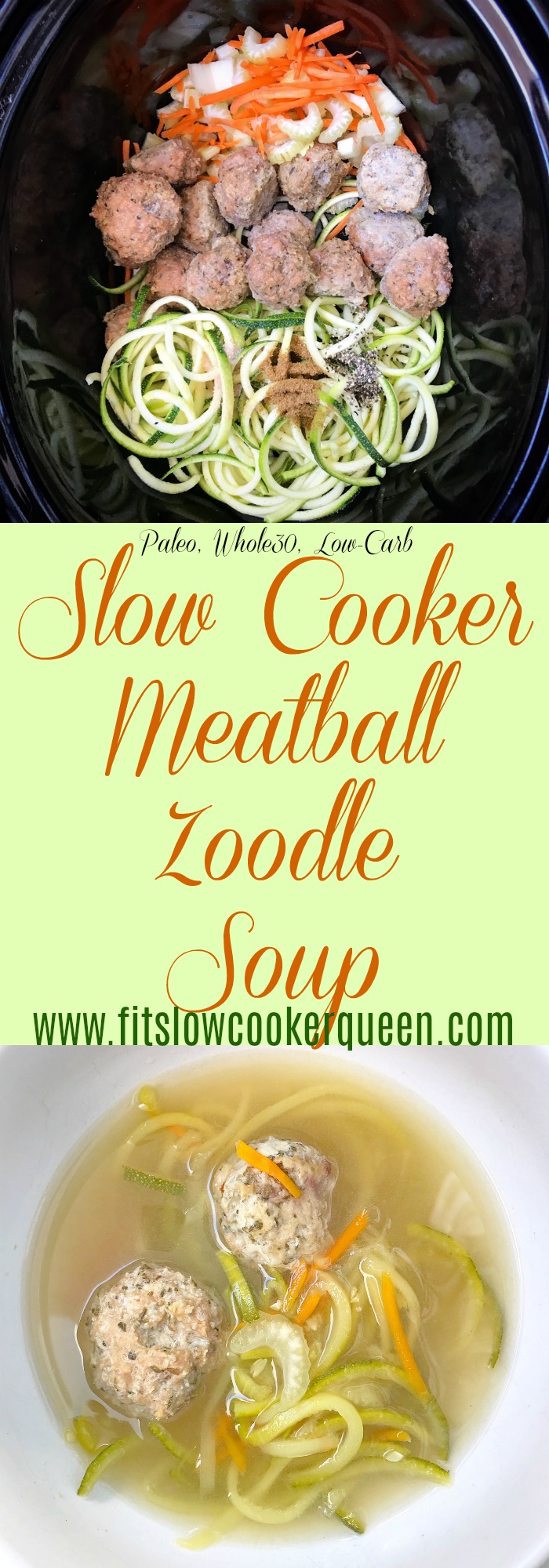 Zoodle soup! Slow cookers are meant to be used year-round. Zucchini zoodles and pre-made meatballs lighten up this soup that can be eaten year-round.