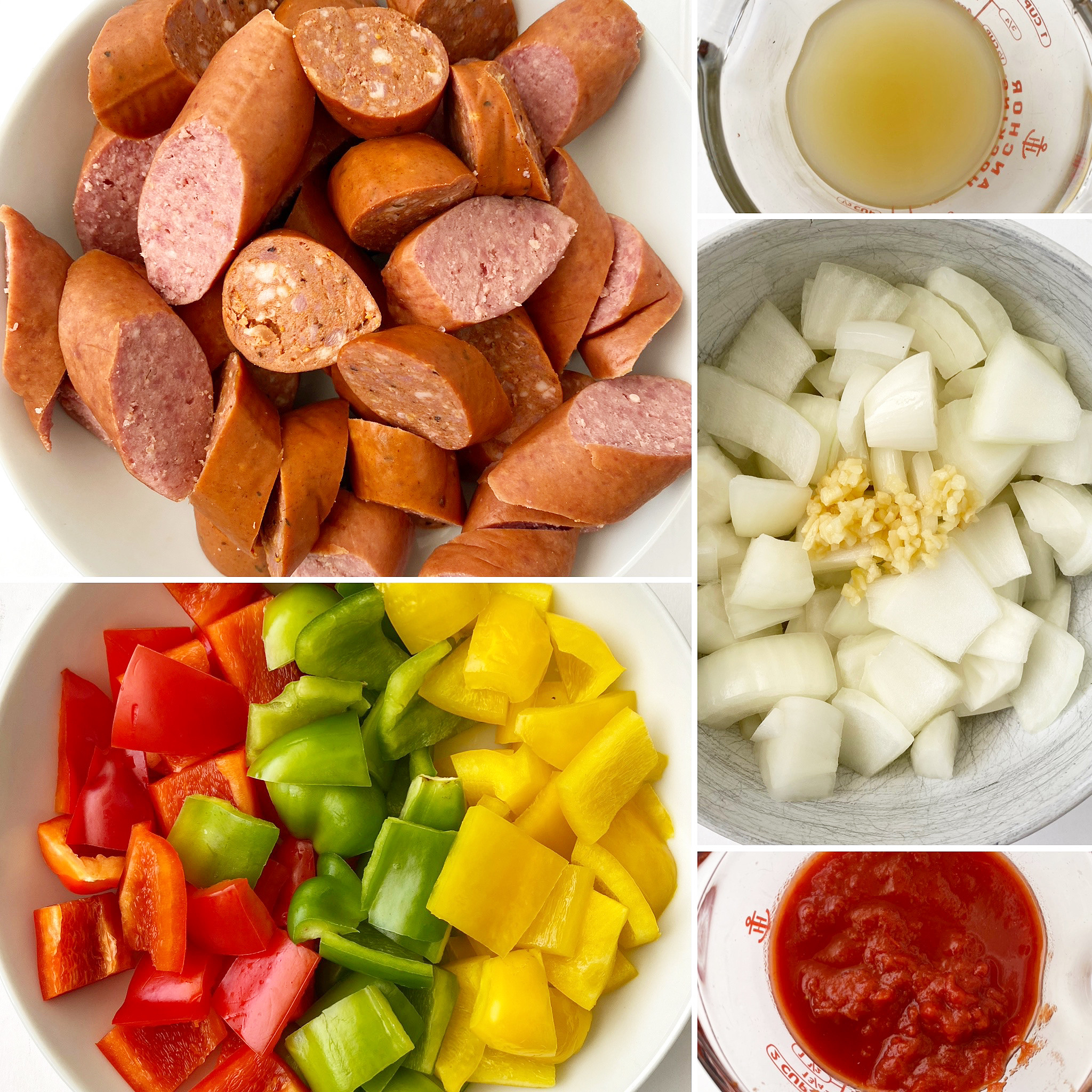 collage of ingredients for Slow Cooker Sausage Bell Peppers Onions (4)
