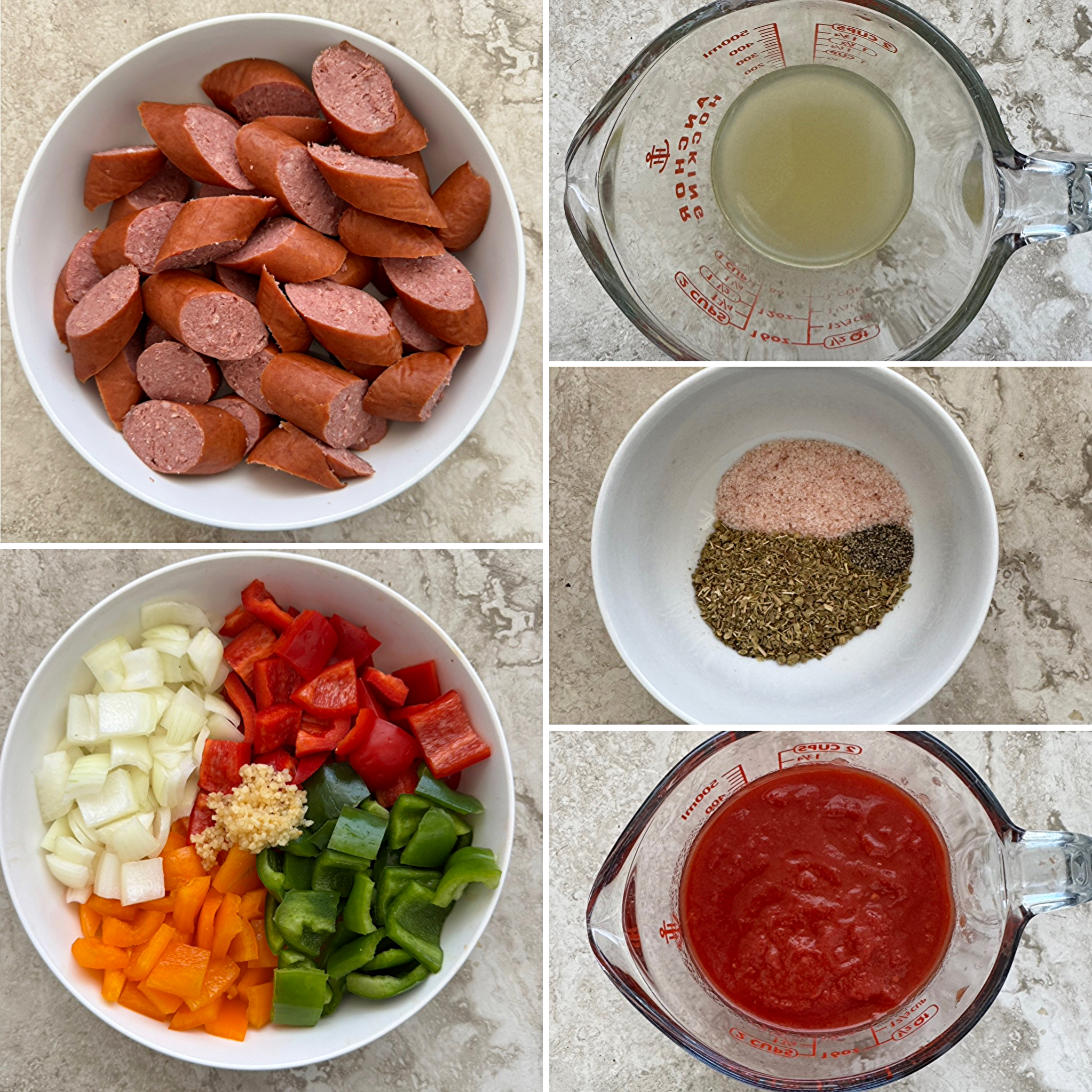 collage of ingredients for Slow Cooker Sausage, Bell Peppers, and Onions