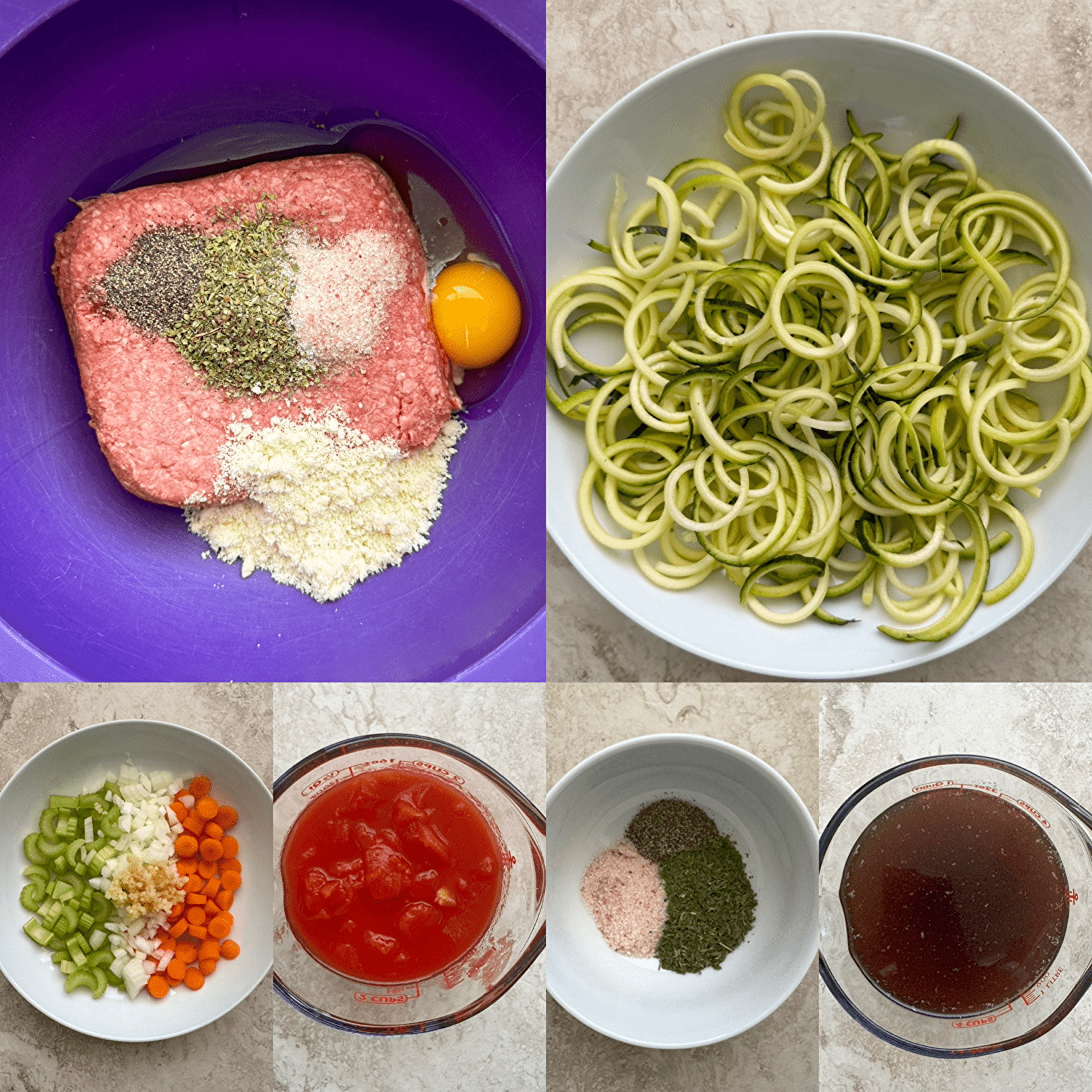 collage of ingredients for meatball zoodle soup
