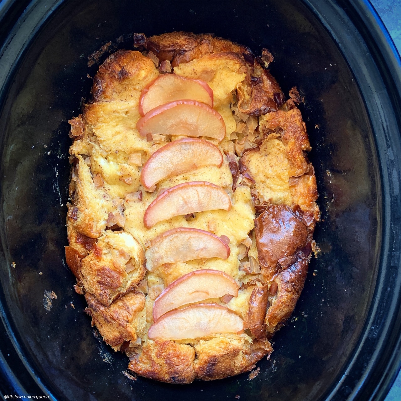 after cooked pic of Slow Cooker Apples & Honey Challah Bread Pudding 