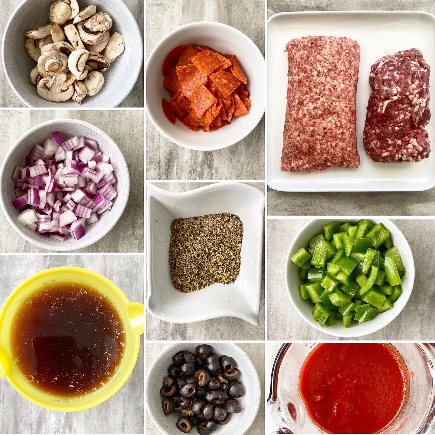 collage of ingredients for supreme pizza stew