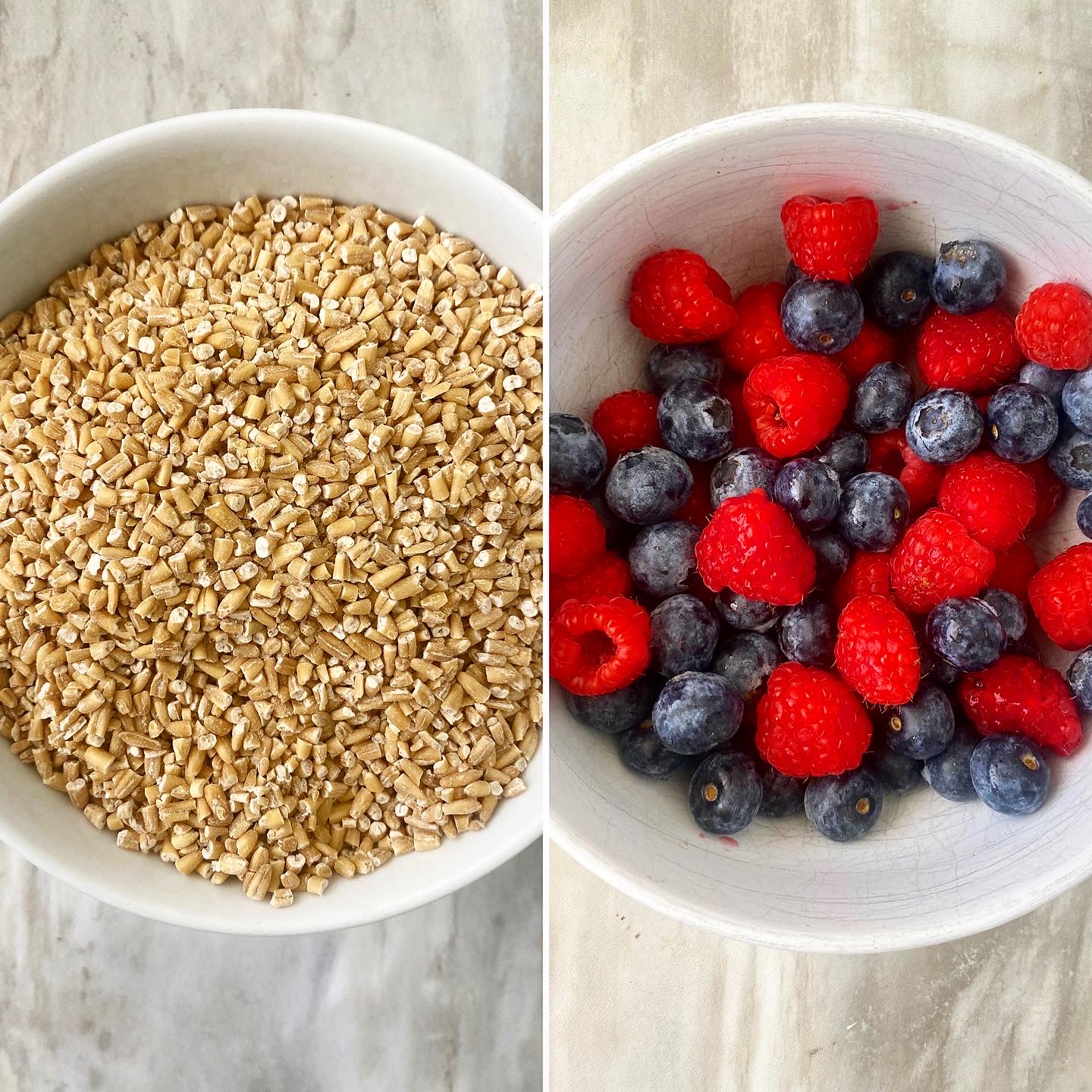 collage steel cut oats on one side & fresh berries on the other