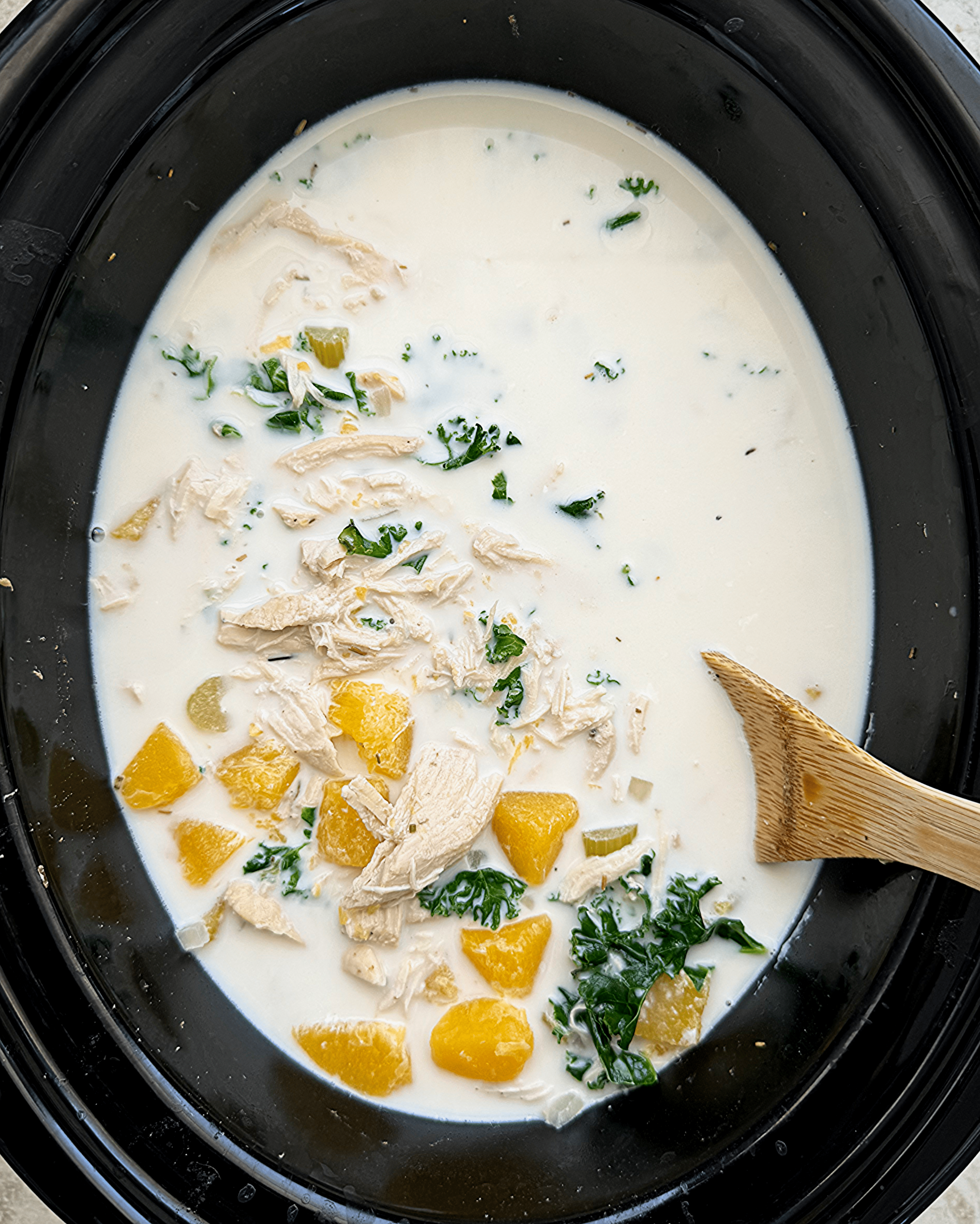 overhead shot of cooked Crockpot Chicken Butternut Squash Soup in a black slow cooker
