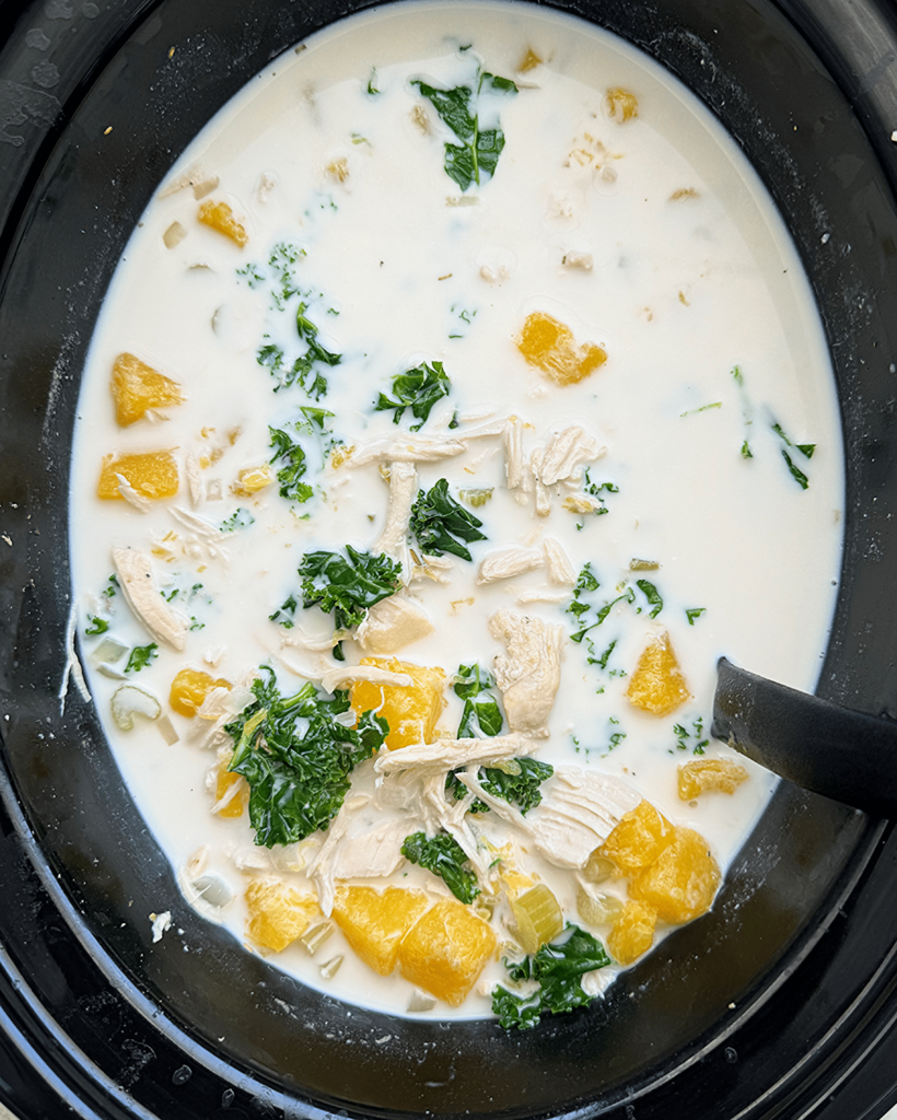 overhead shot of cooked Crockpot Chicken Butternut Squash Soup in a black slow cooker