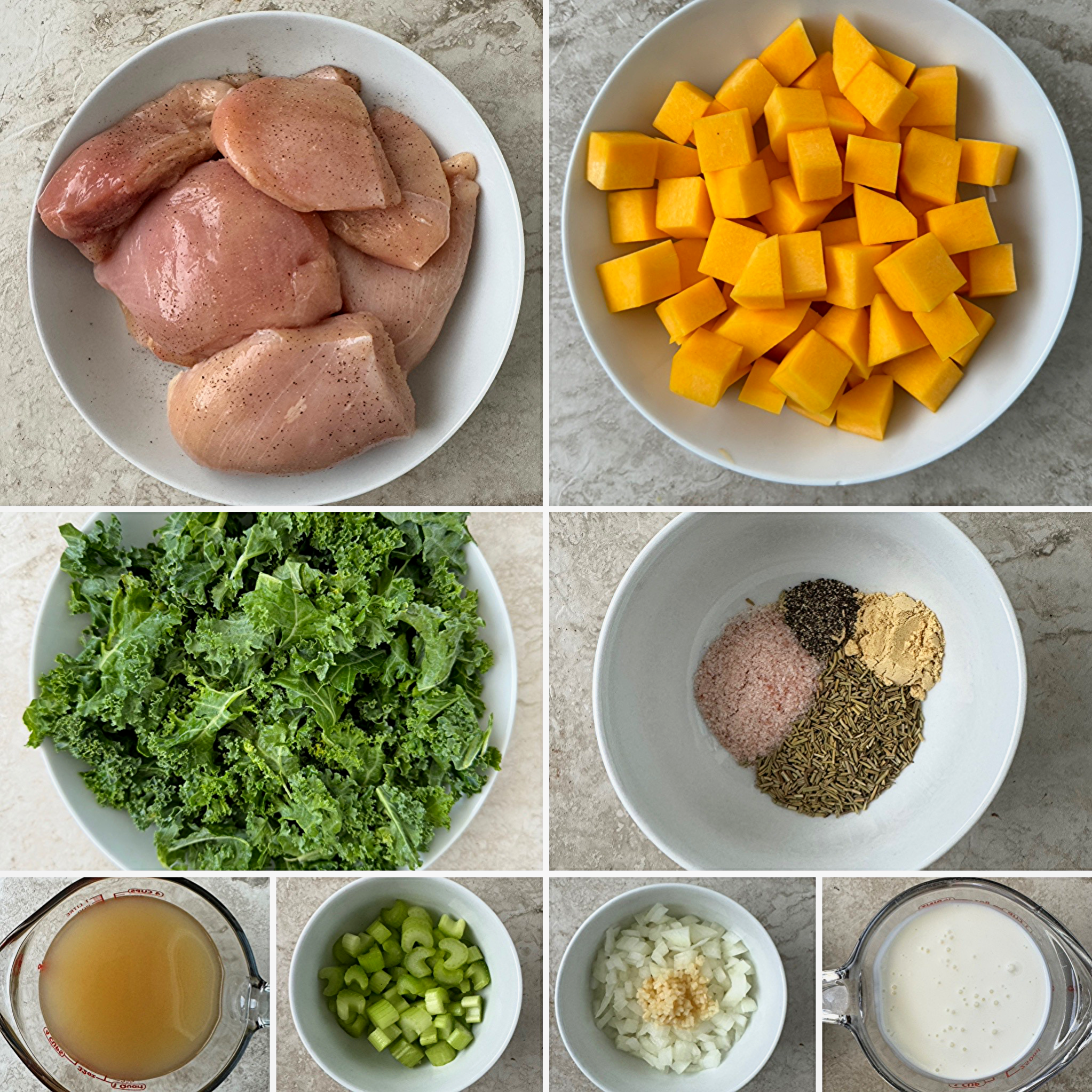 collage of ingredients to make Crockpot Chicken Butternut Squash Soup