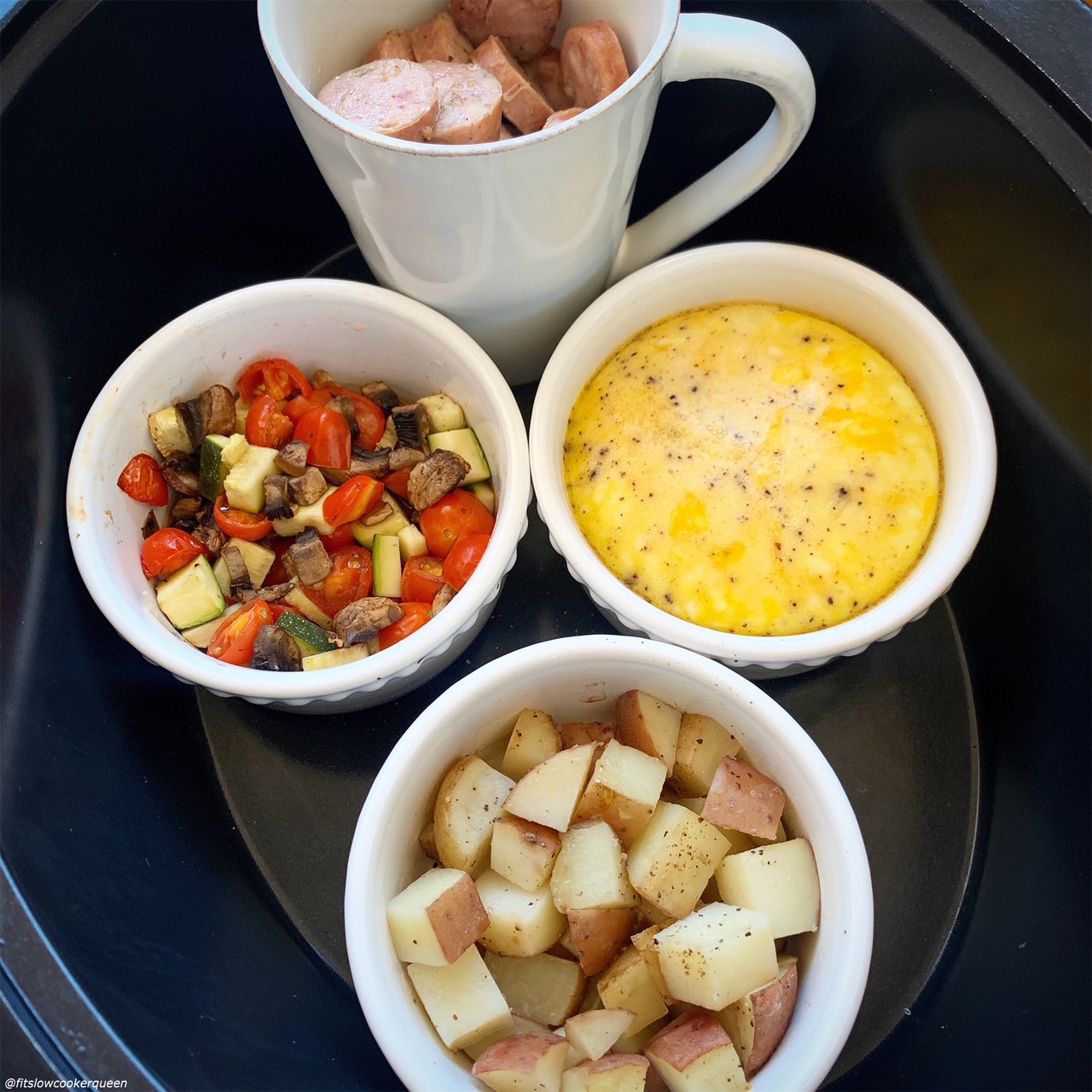 cooked food in coffee mugs & ramekins to cook for Slow Cooker Healthy Fry Up Breakfast (Paleo,Whole30)