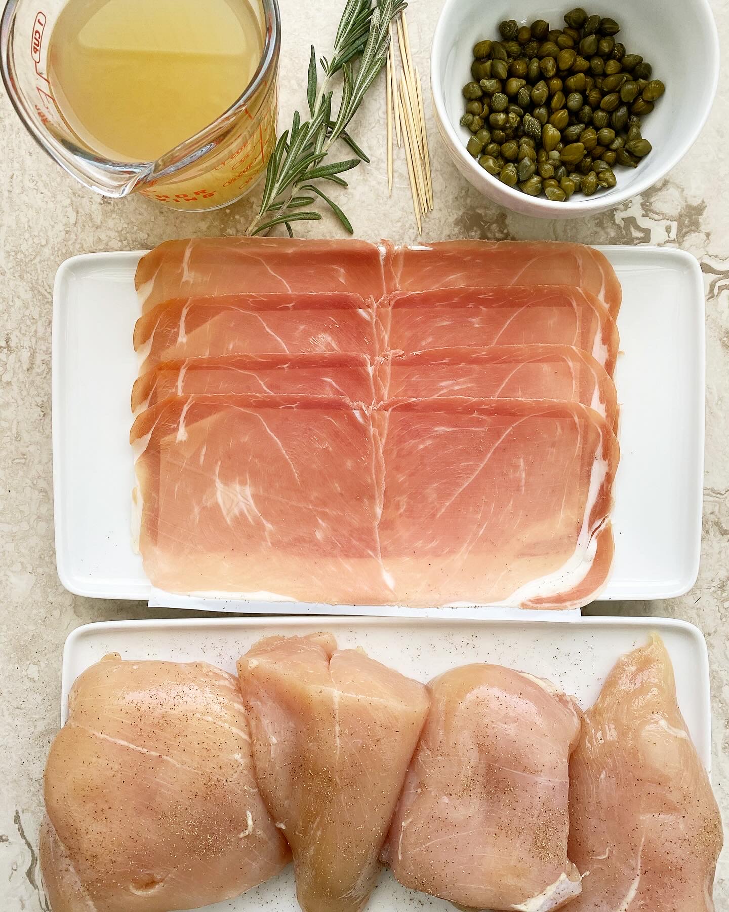 collage of ingredients for Crockpot Prosciutto Wrapped Chicken