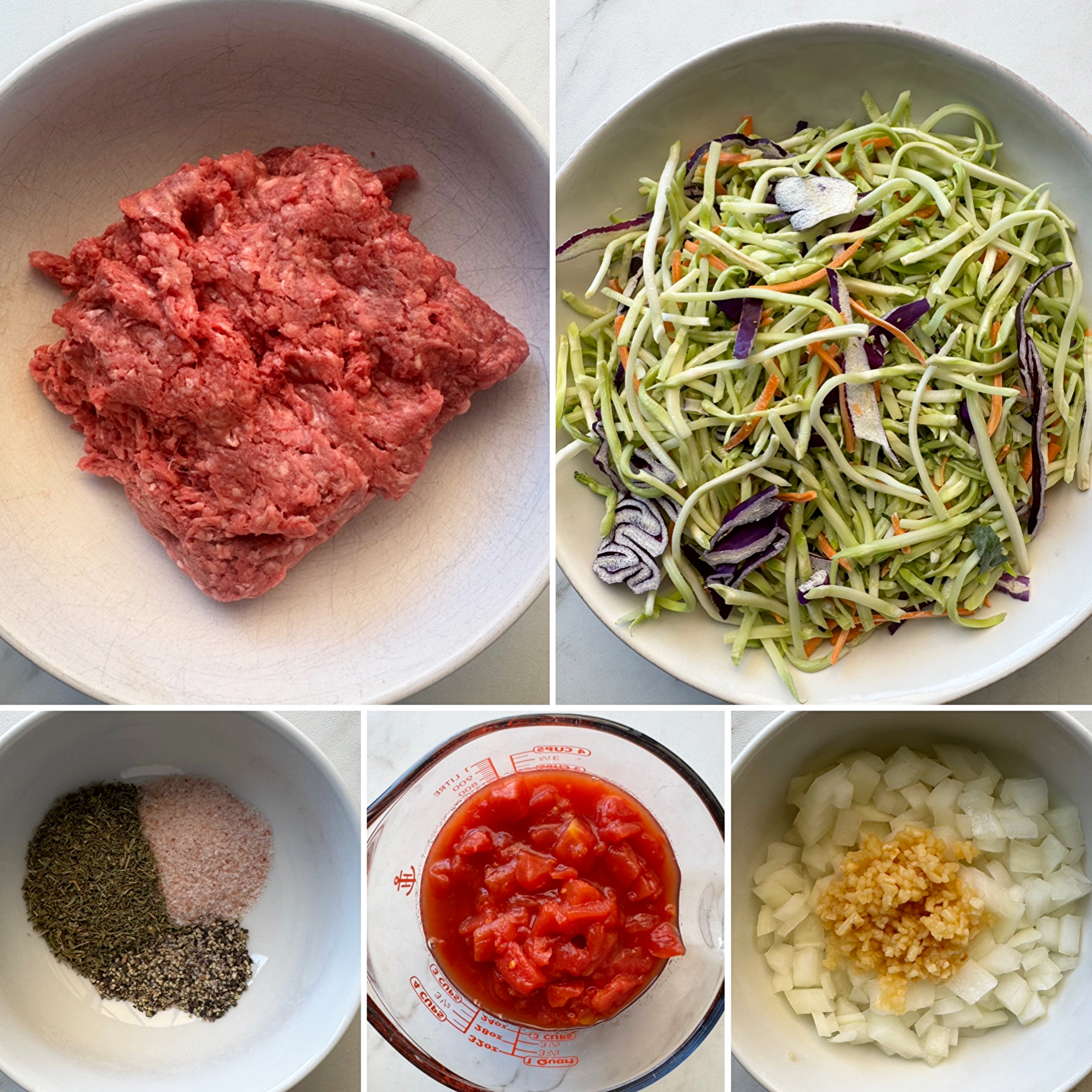 collage of ingredients for Slow Cooker Slawghetti 