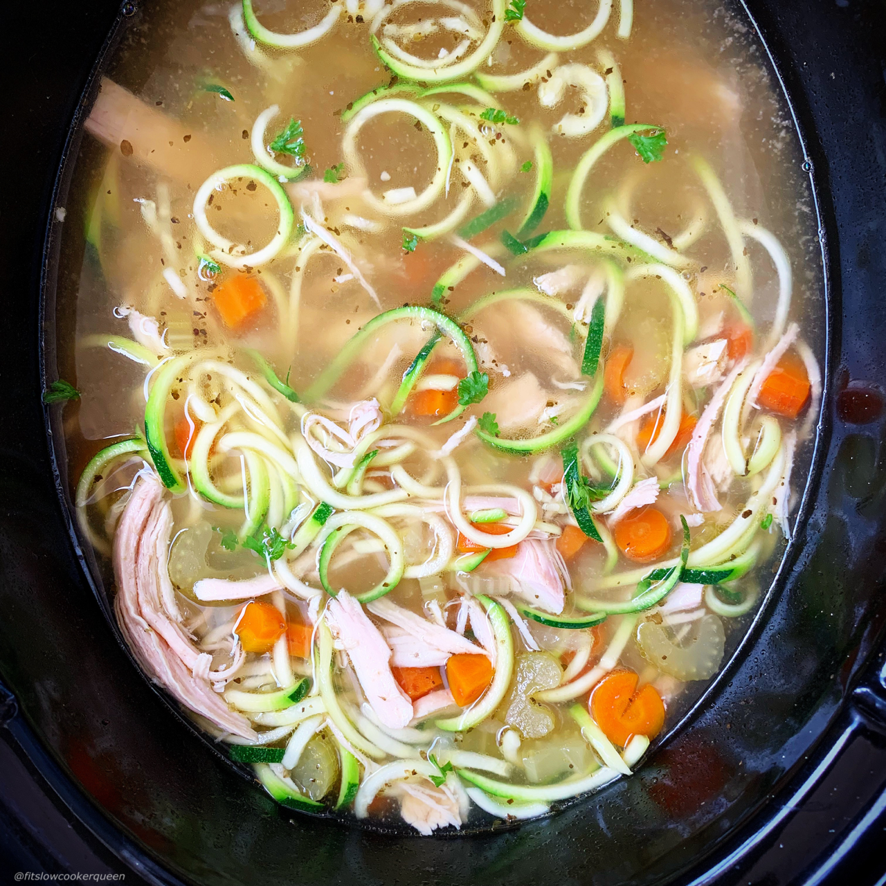 after pic of chicken soup with zoodles in the slow cooker